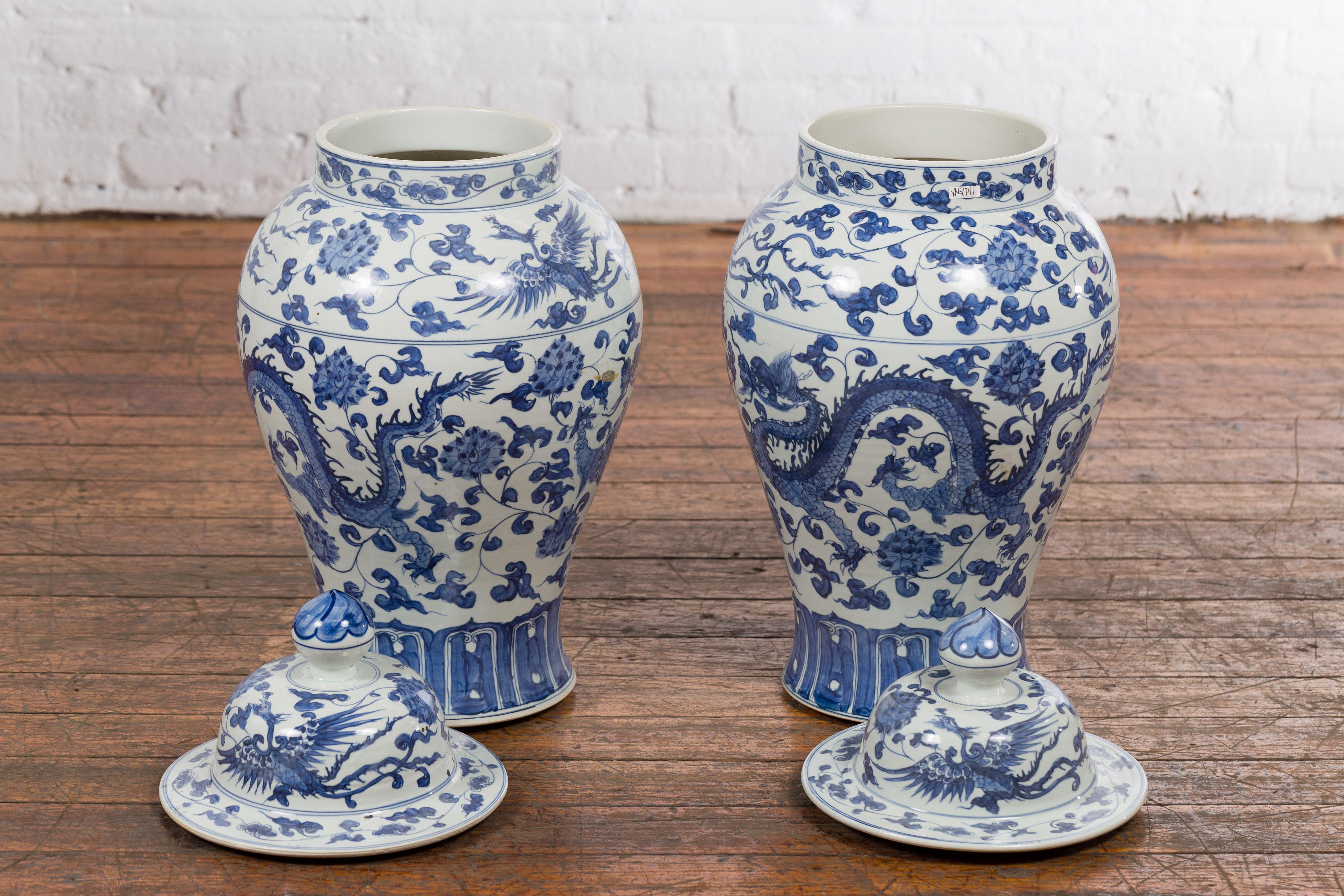 Pair of Vintage Chinese Blue and white Porcelain Lidded Jars with Dragon Motifs 9