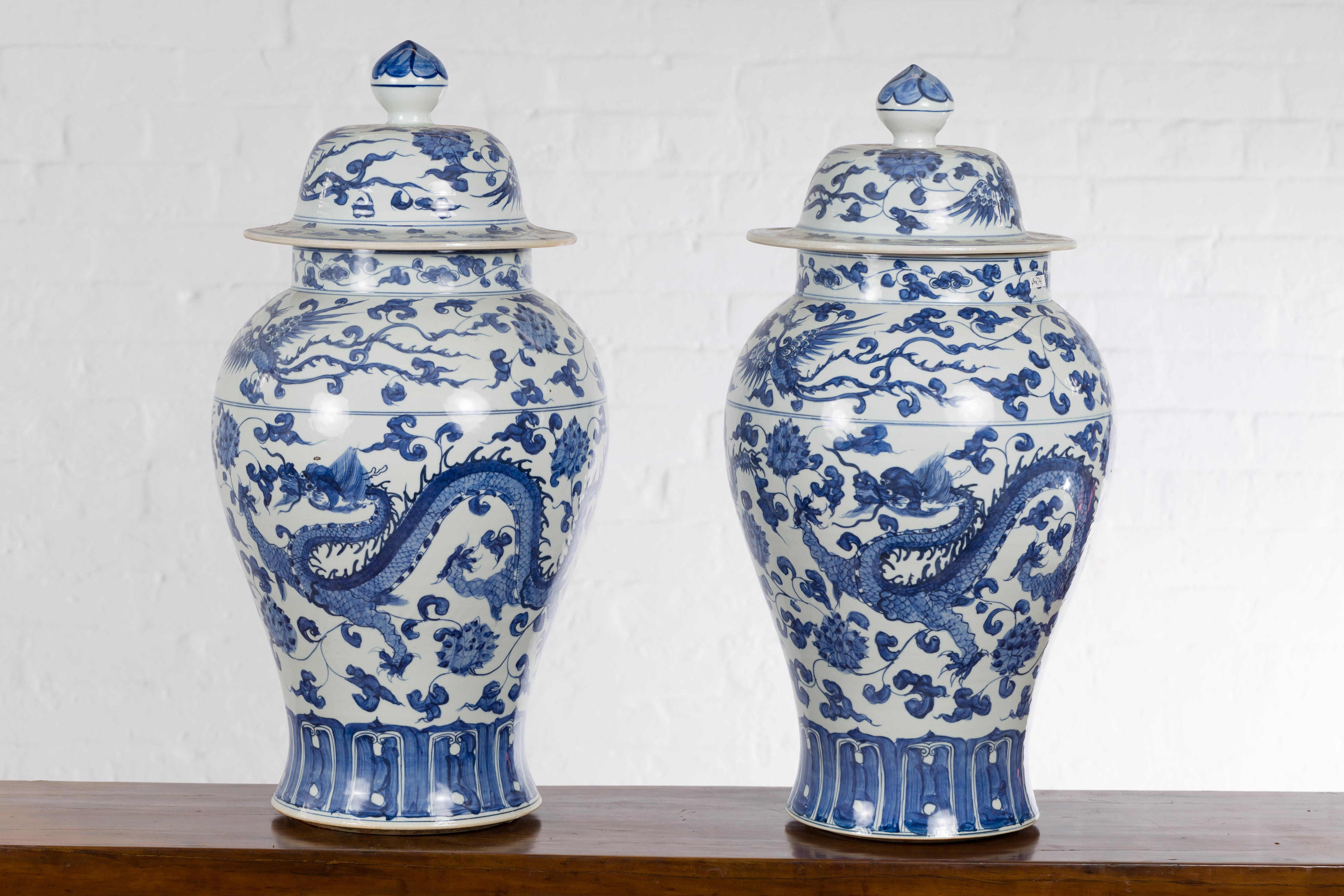 Pair of Vintage Chinese Blue and white Porcelain Lidded Jars with Dragon Motifs 14