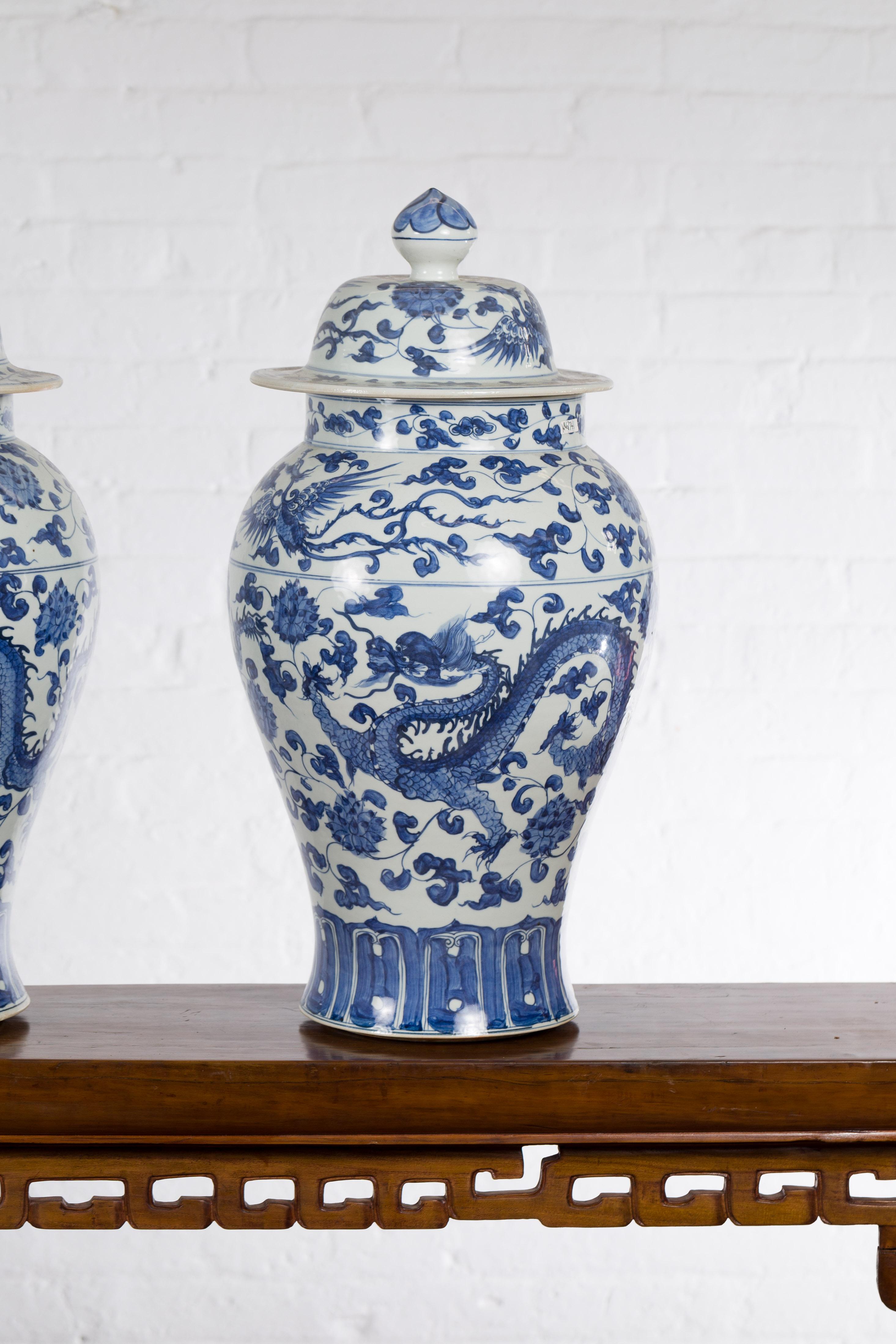 Pair of Vintage Chinese Blue and white Porcelain Lidded Jars with Dragon Motifs 3
