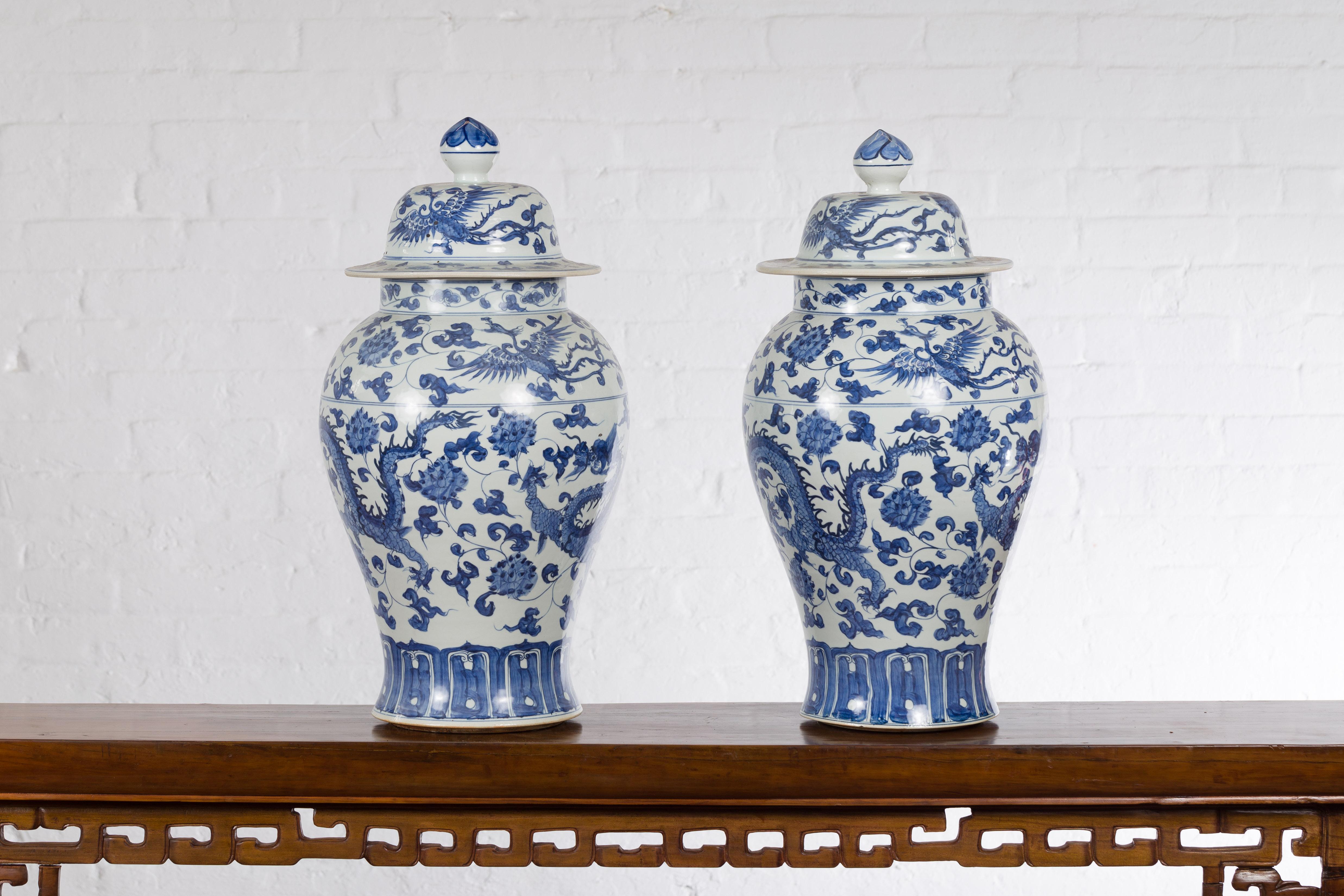 Pair of Vintage Chinese Blue and white Porcelain Lidded Jars with Dragon Motifs 5