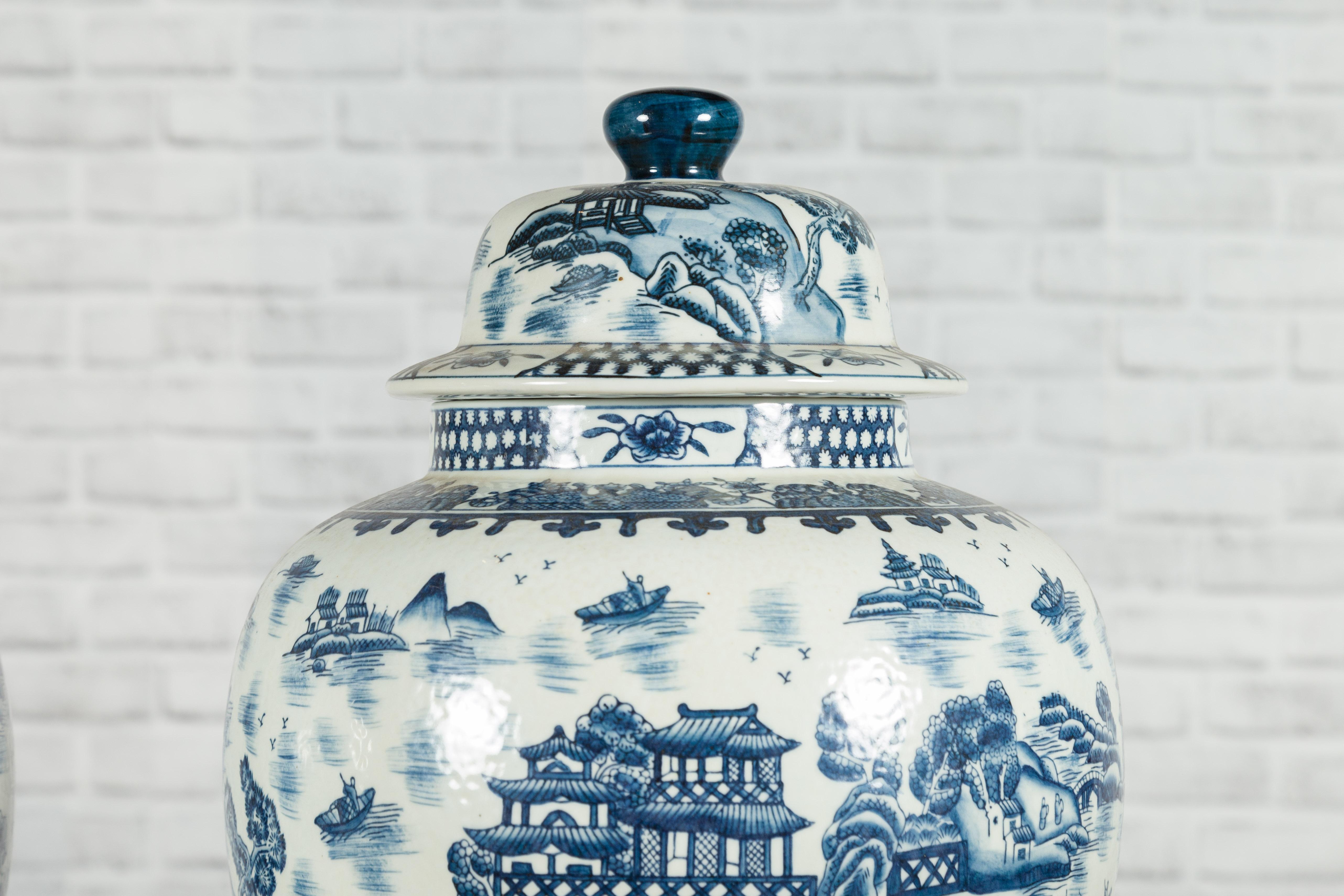 Pair of Vintage Chinese Blue and white Porcelain Temple Jars with Architectures 6