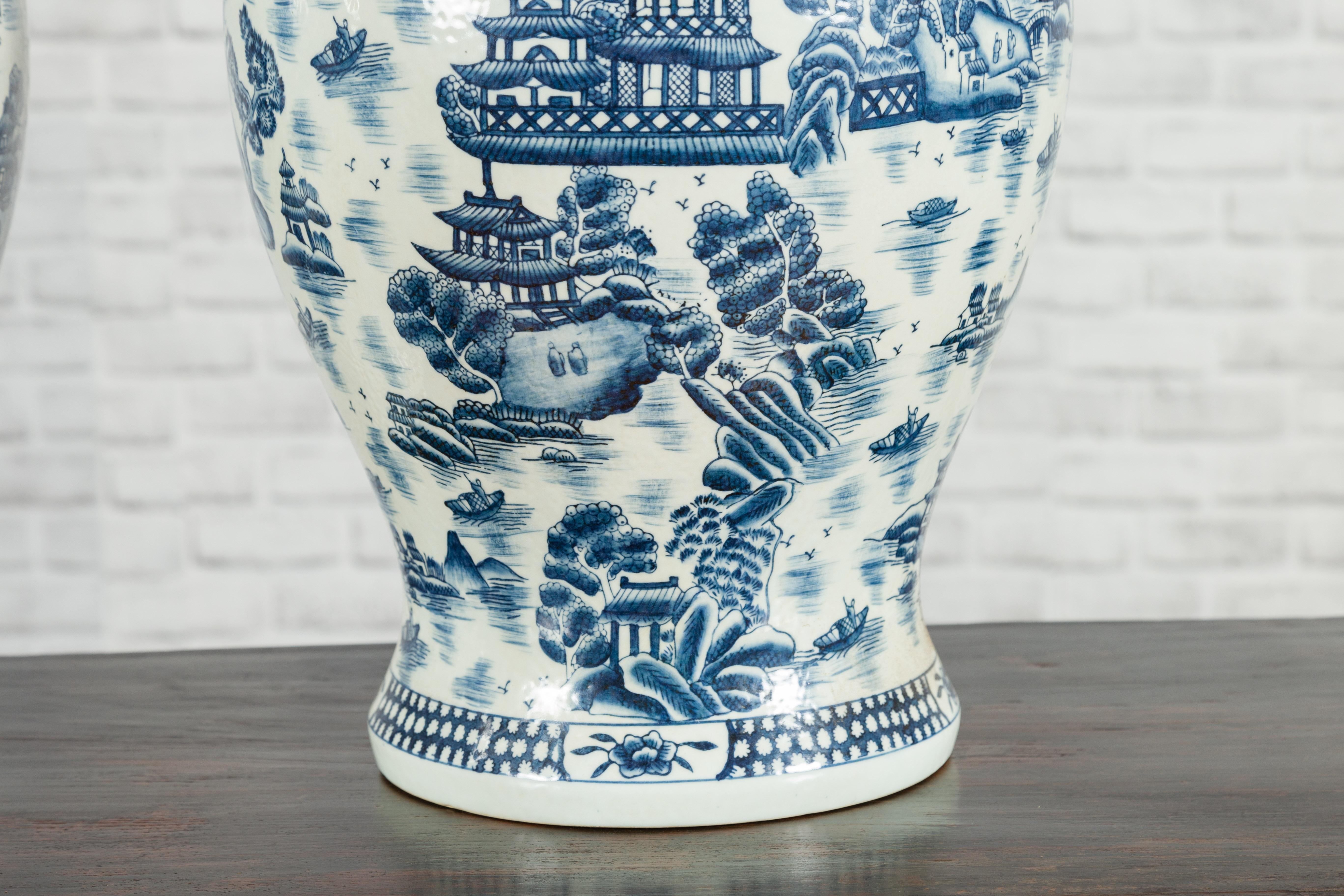 Pair of Vintage Chinese Blue and white Porcelain Temple Jars with Architectures 8