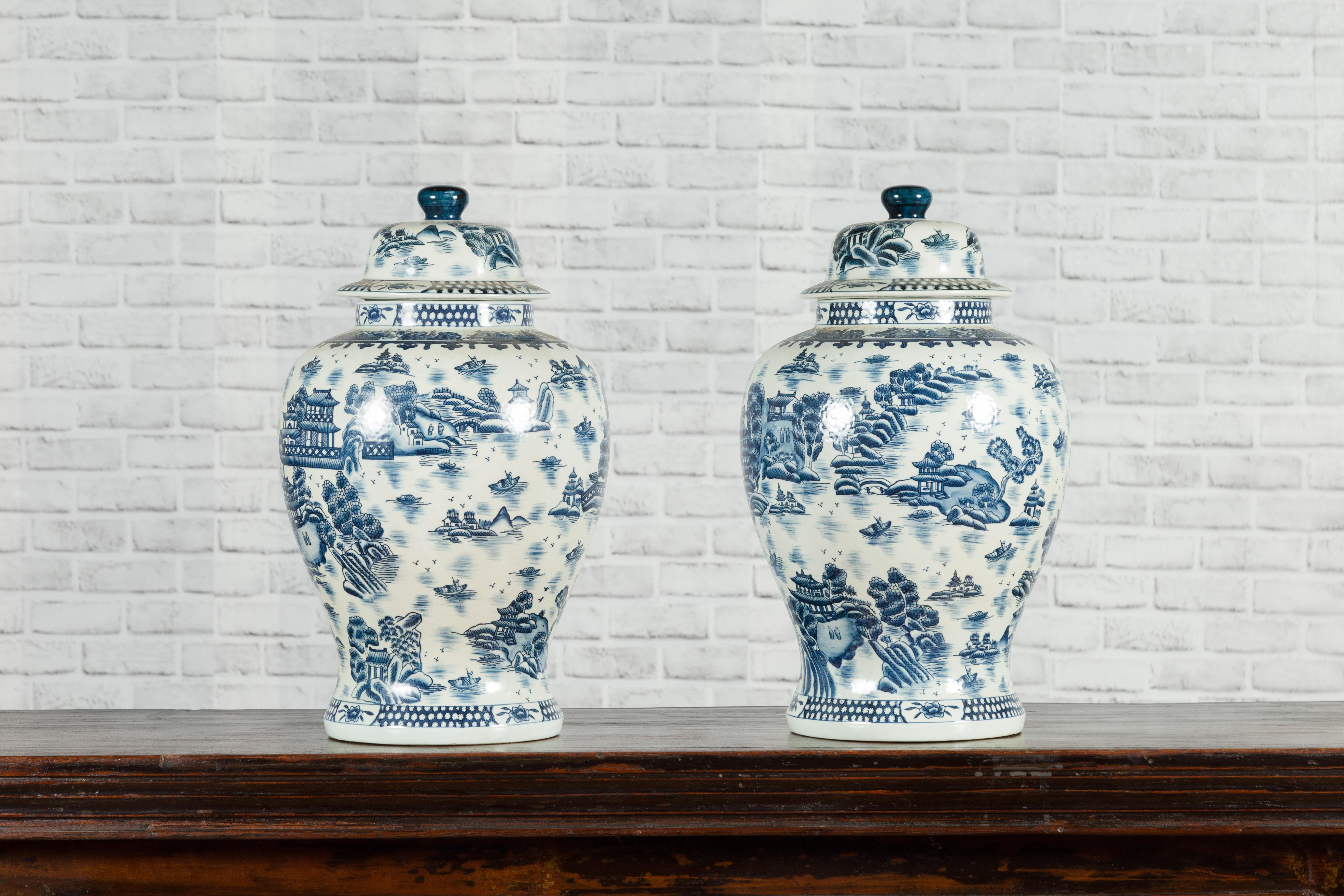 Pair of Vintage Chinese Blue and white Porcelain Temple Jars with Architectures 10