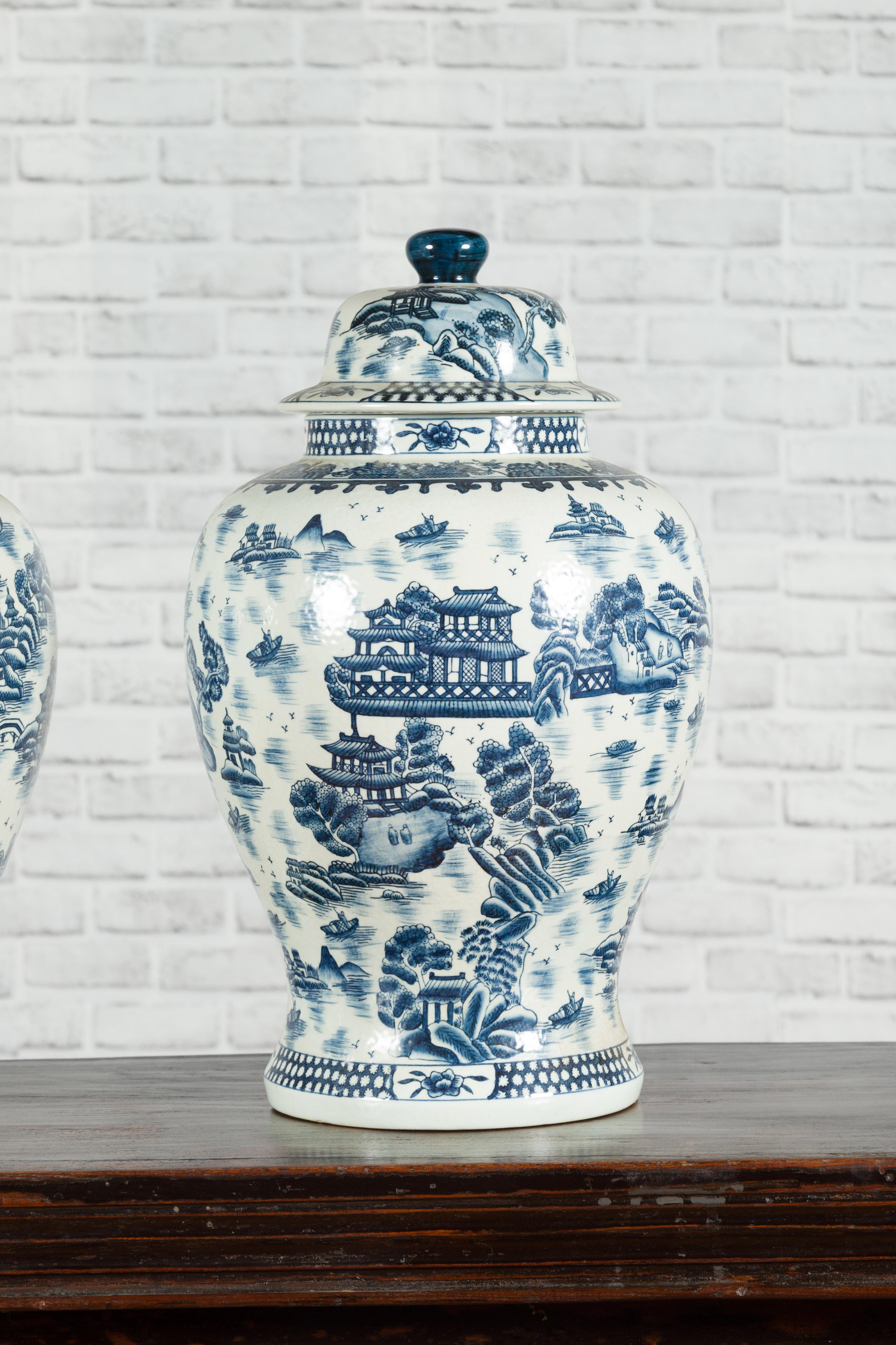 Pair of Vintage Chinese Blue and white Porcelain Temple Jars with Architectures 2