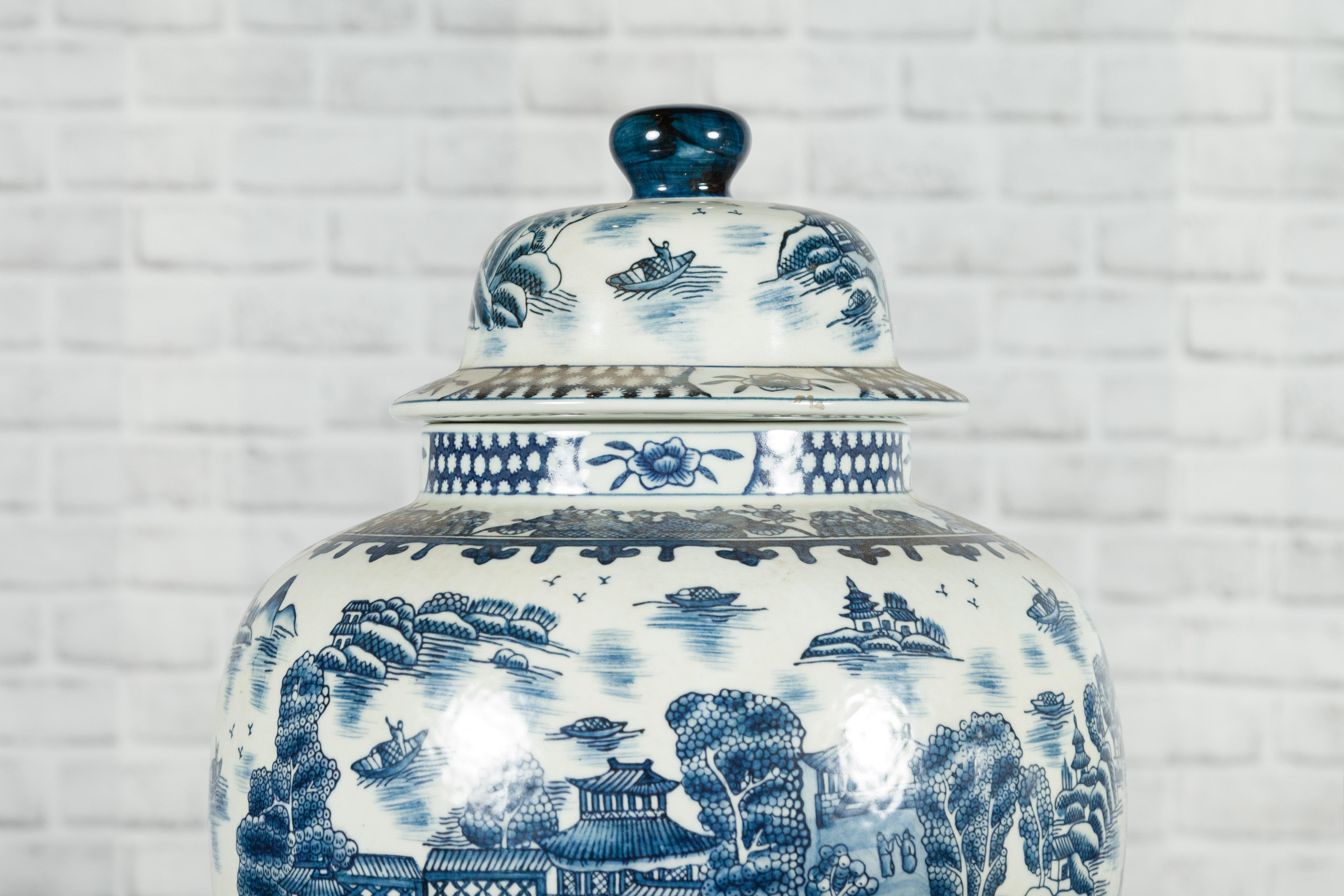 Pair of Vintage Chinese Blue and white Porcelain Temple Jars with Architectures 3