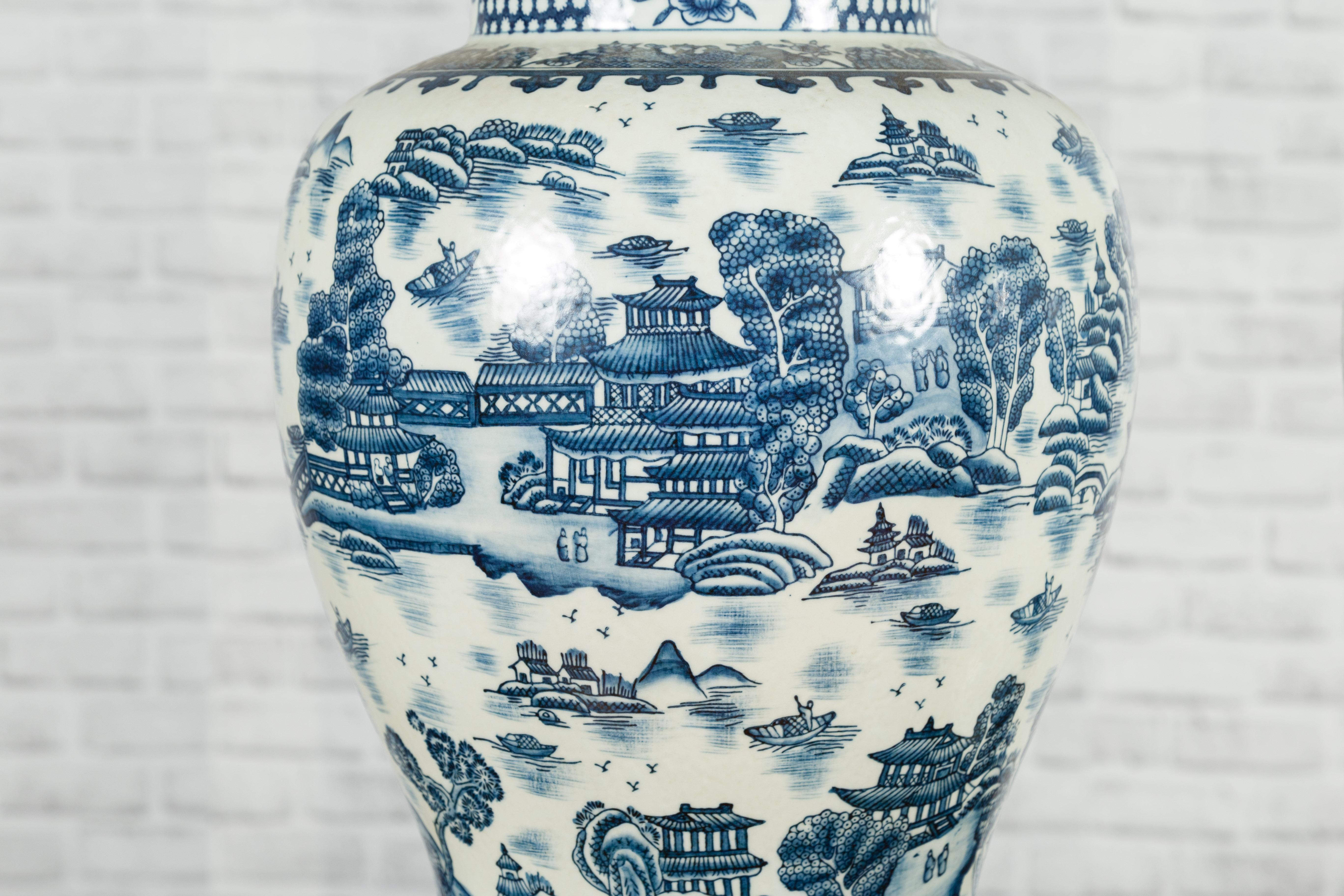 Pair of Vintage Chinese Blue and white Porcelain Temple Jars with Architectures 4