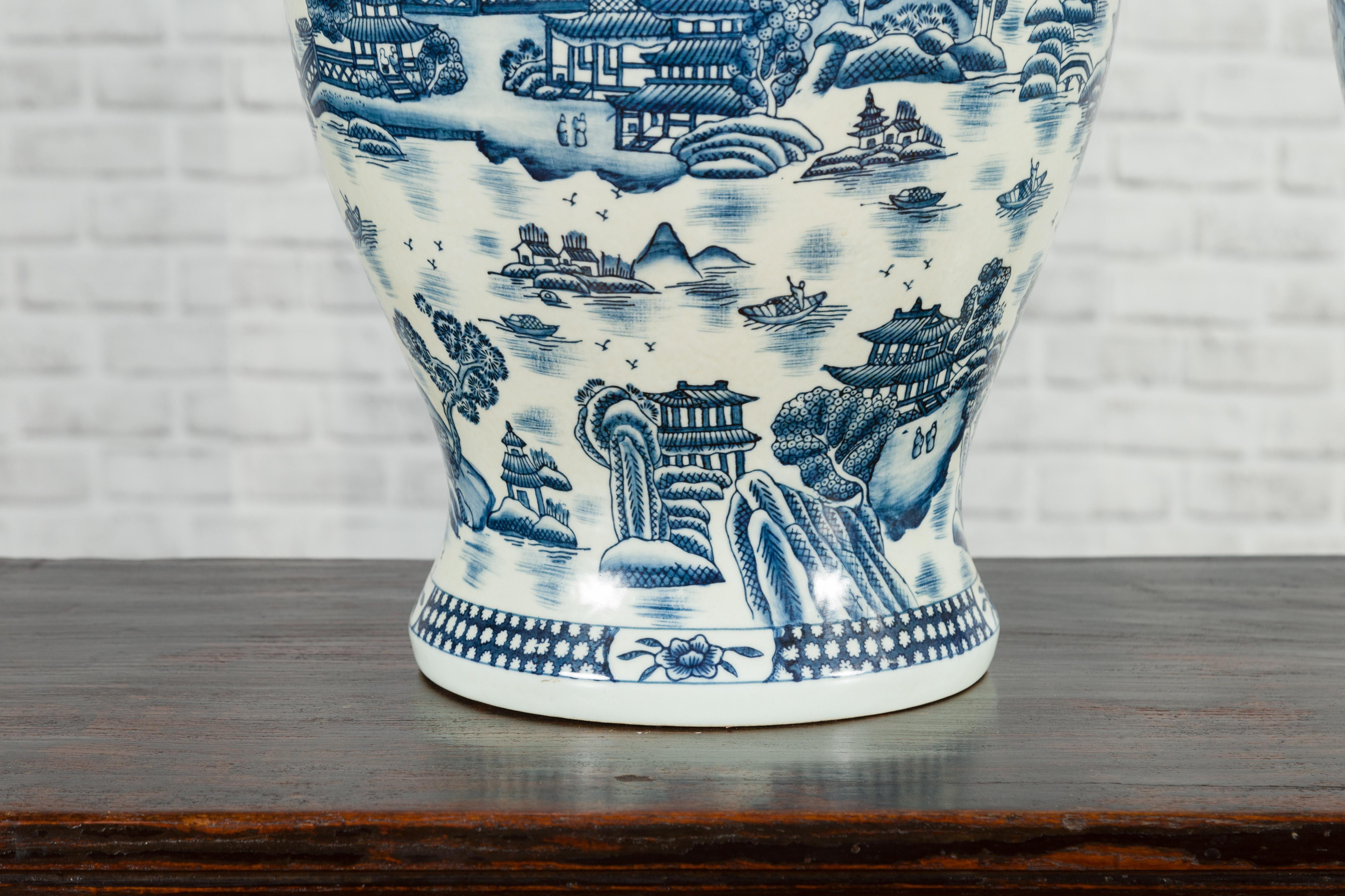 Pair of Vintage Chinese Blue and white Porcelain Temple Jars with Architectures 5