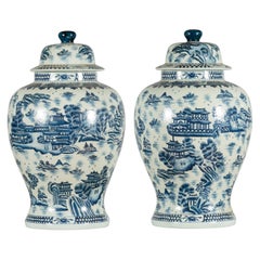 Pair of Vintage Chinese Blue and white Porcelain Temple Jars with Architectures