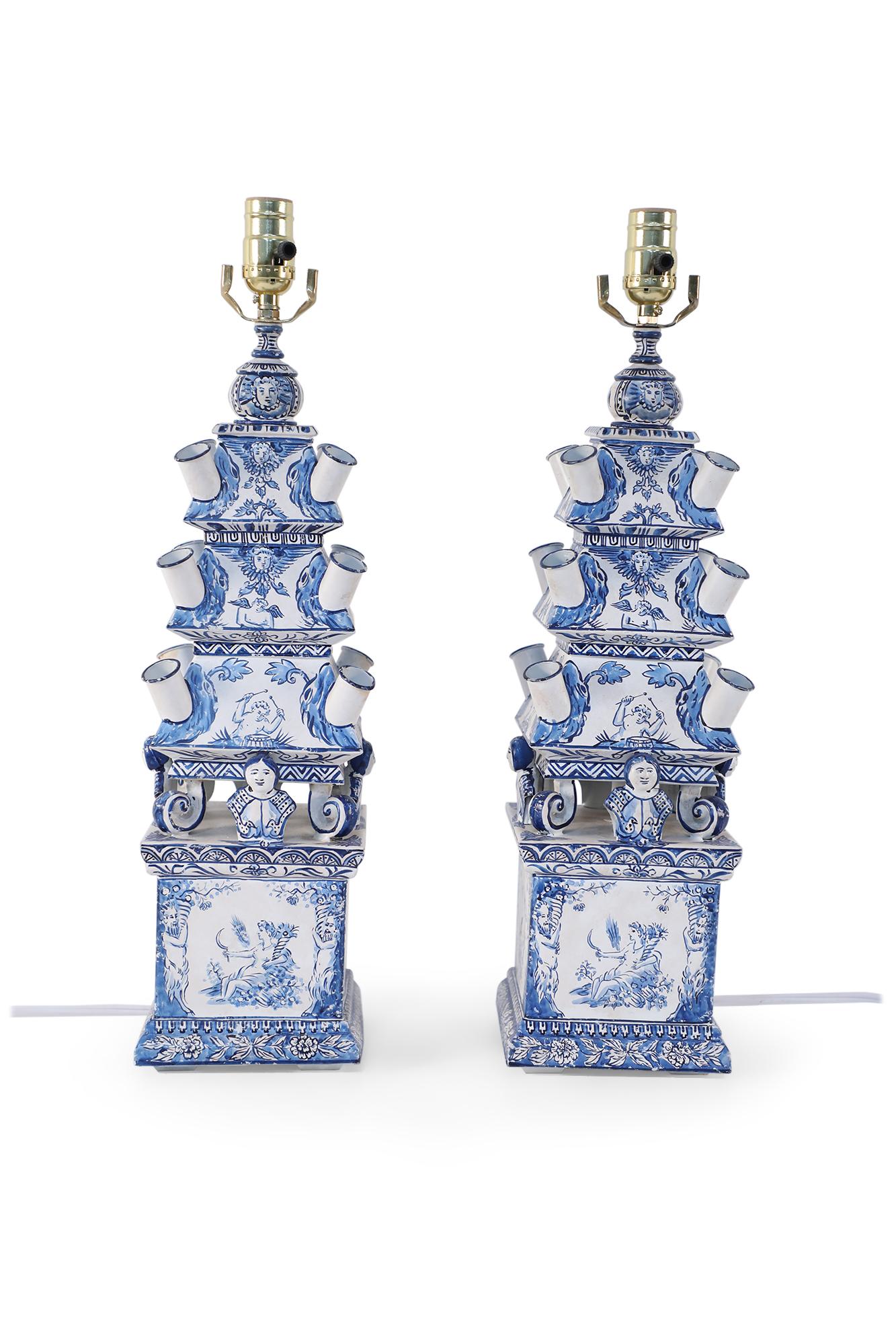Chinese Export Pair of Vintage Chinese Blue and White Tiered Tole Tulipiere Table Lamps
