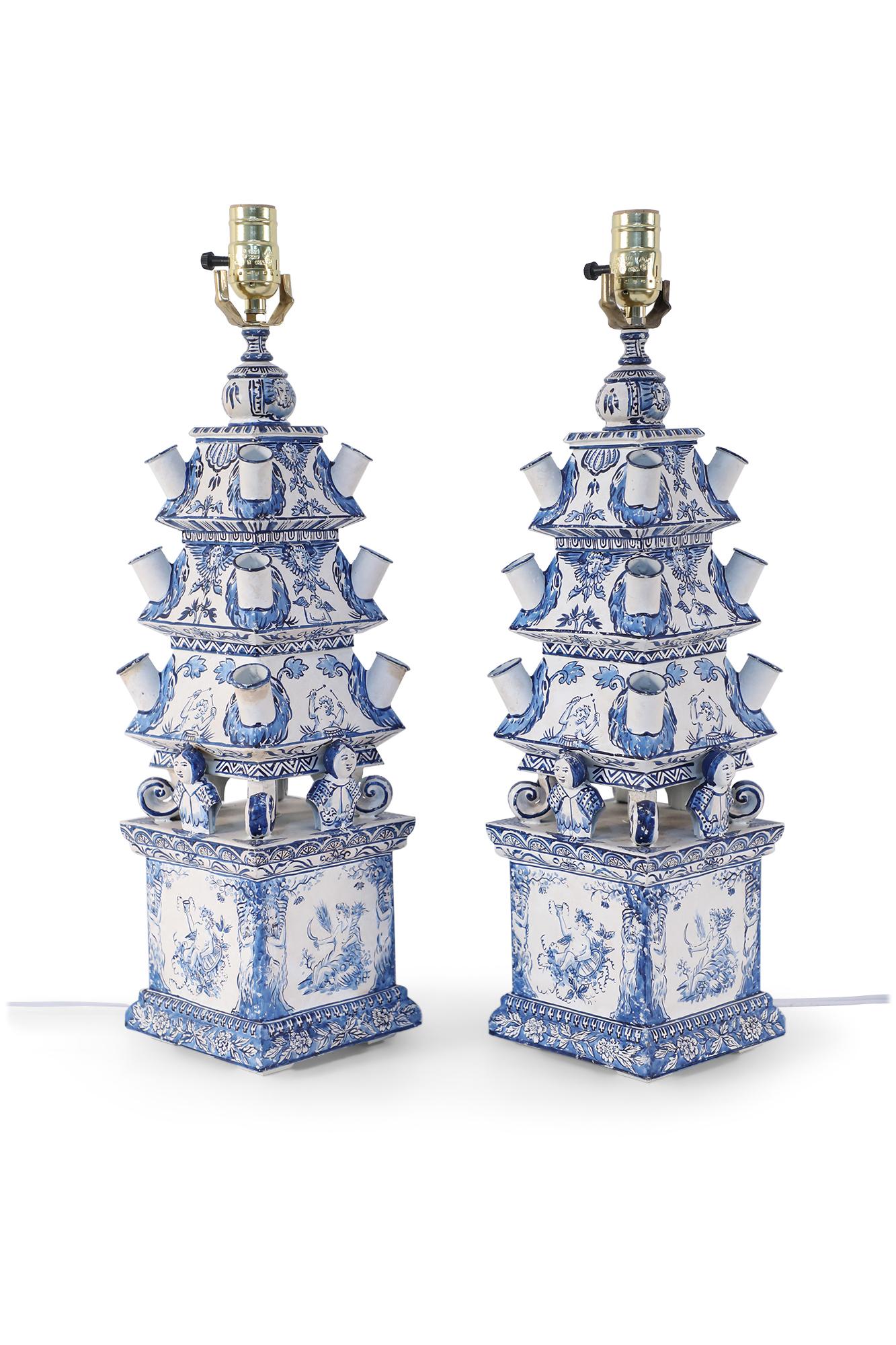 Metal Pair of Vintage Chinese Blue and White Tiered Tole Tulipiere Table Lamps