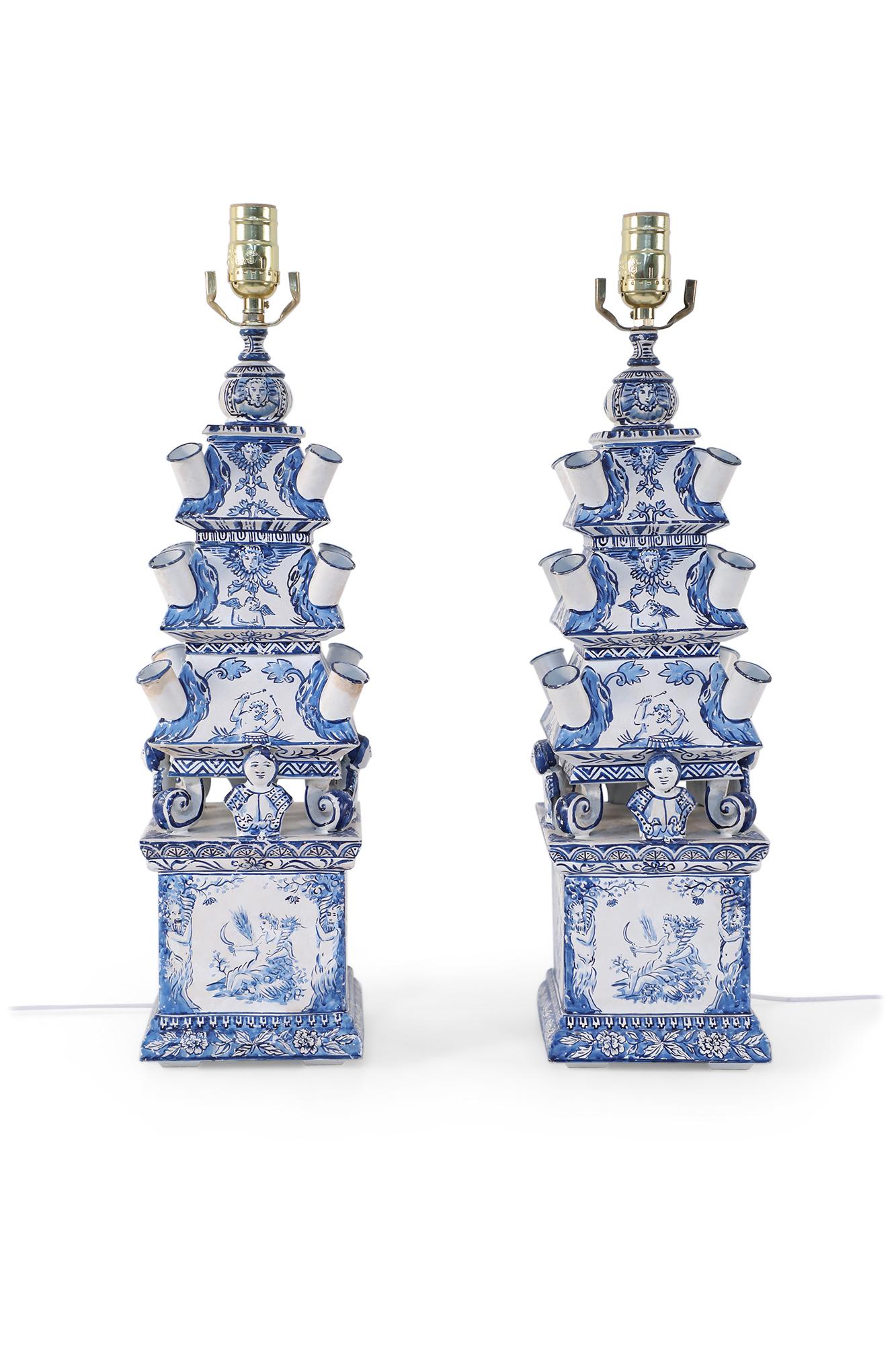 Pair of Vintage Chinese Blue and White Tiered Tole Tulipiere Table Lamps 1
