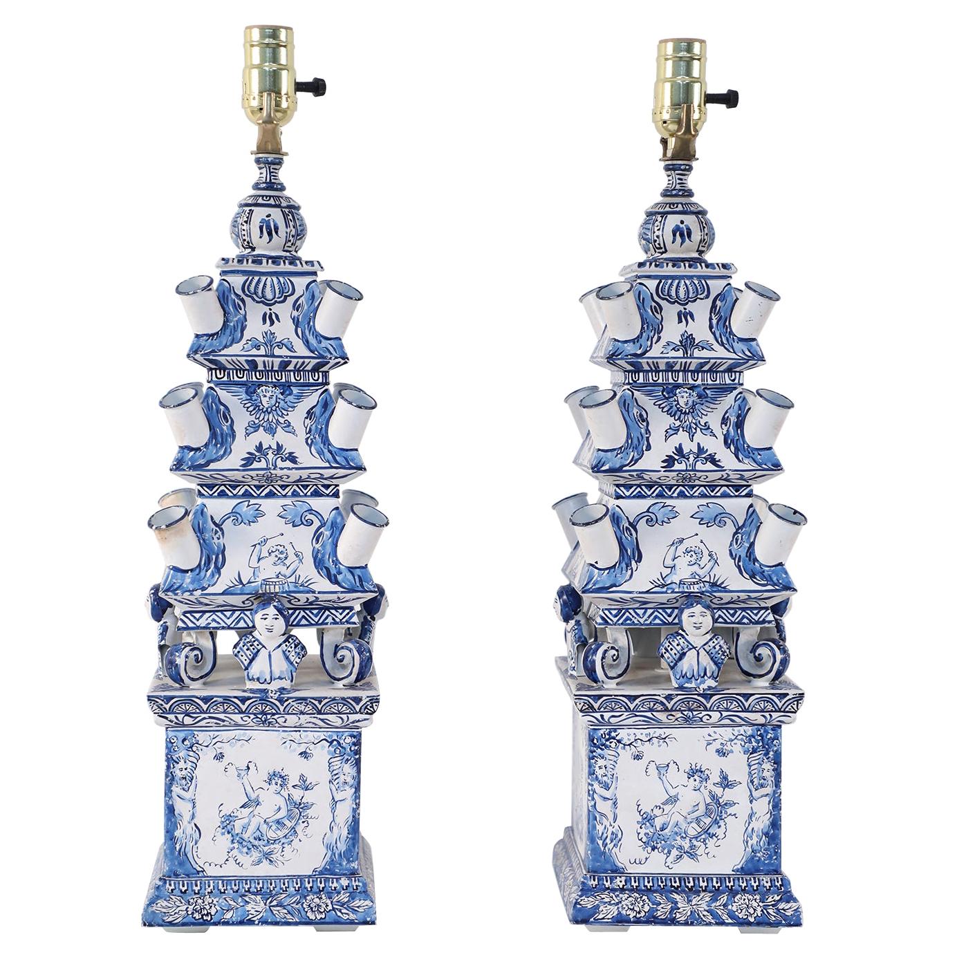 Pair of Vintage Chinese Blue and White Tiered Tole Tulipiere Table Lamps