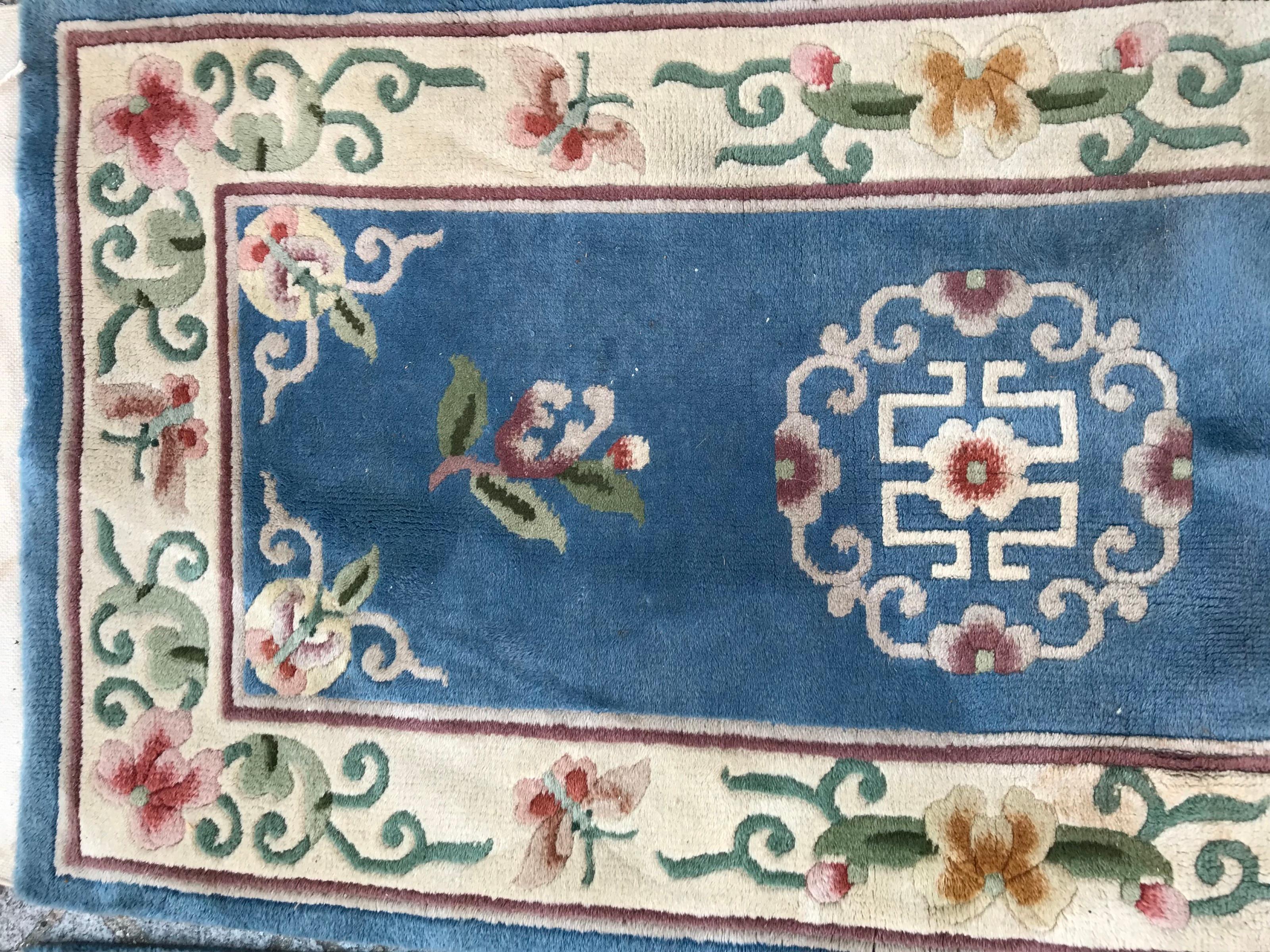 Chinoiserie Bobyrug’s Pair of Vintage Chinese Blue Field Rugs For Sale