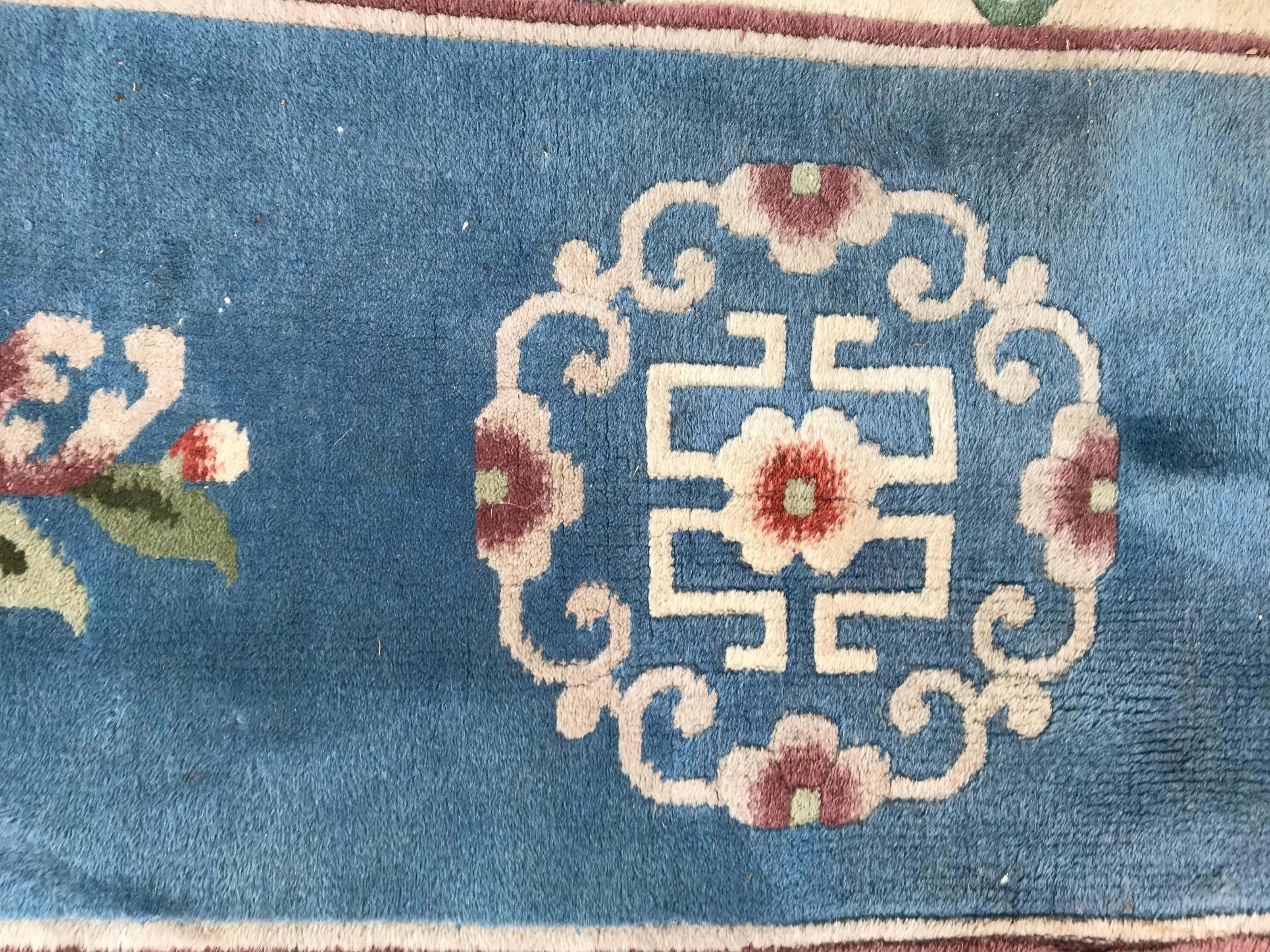 Hand-Knotted Pair of Vintage Chinese Blue Field Rugs