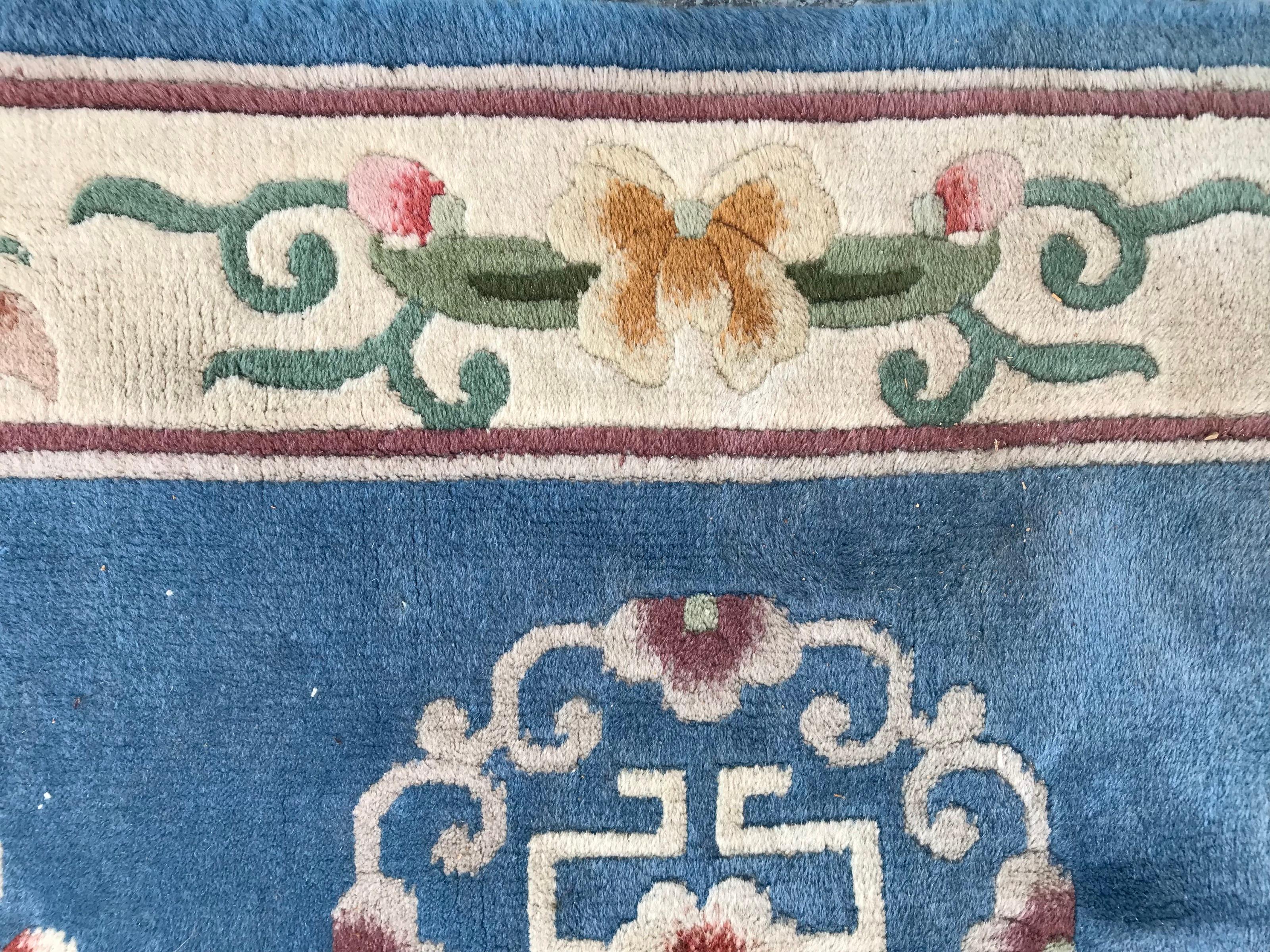 Bobyrug’s Pair of Vintage Chinese Blue Field Rugs In Good Condition For Sale In Saint Ouen, FR