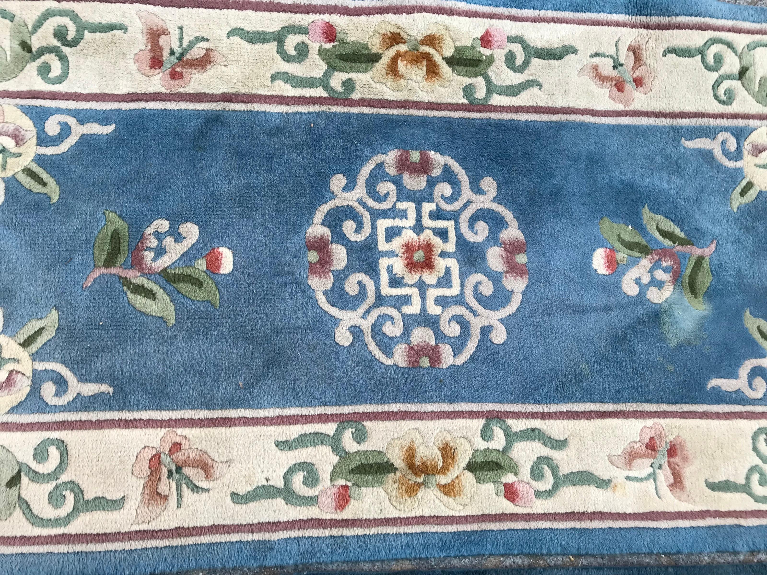 20th Century Bobyrug’s Pair of Vintage Chinese Blue Field Rugs For Sale