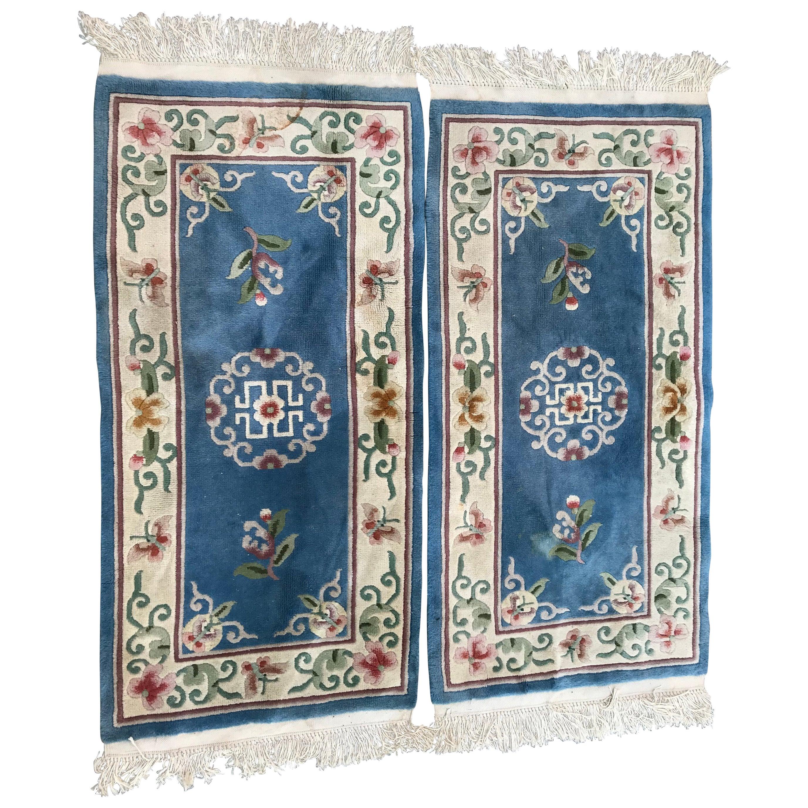Bobyrug’s Pair of Vintage Chinese Blue Field Rugs For Sale