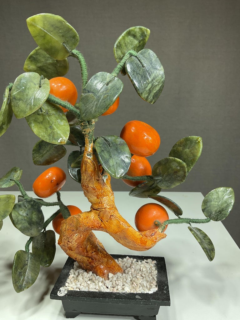 Pair of Vintage Chinese Bonsai Trees with Jade Leaves and Mandarin Fruit  For Sale at 1stDibs