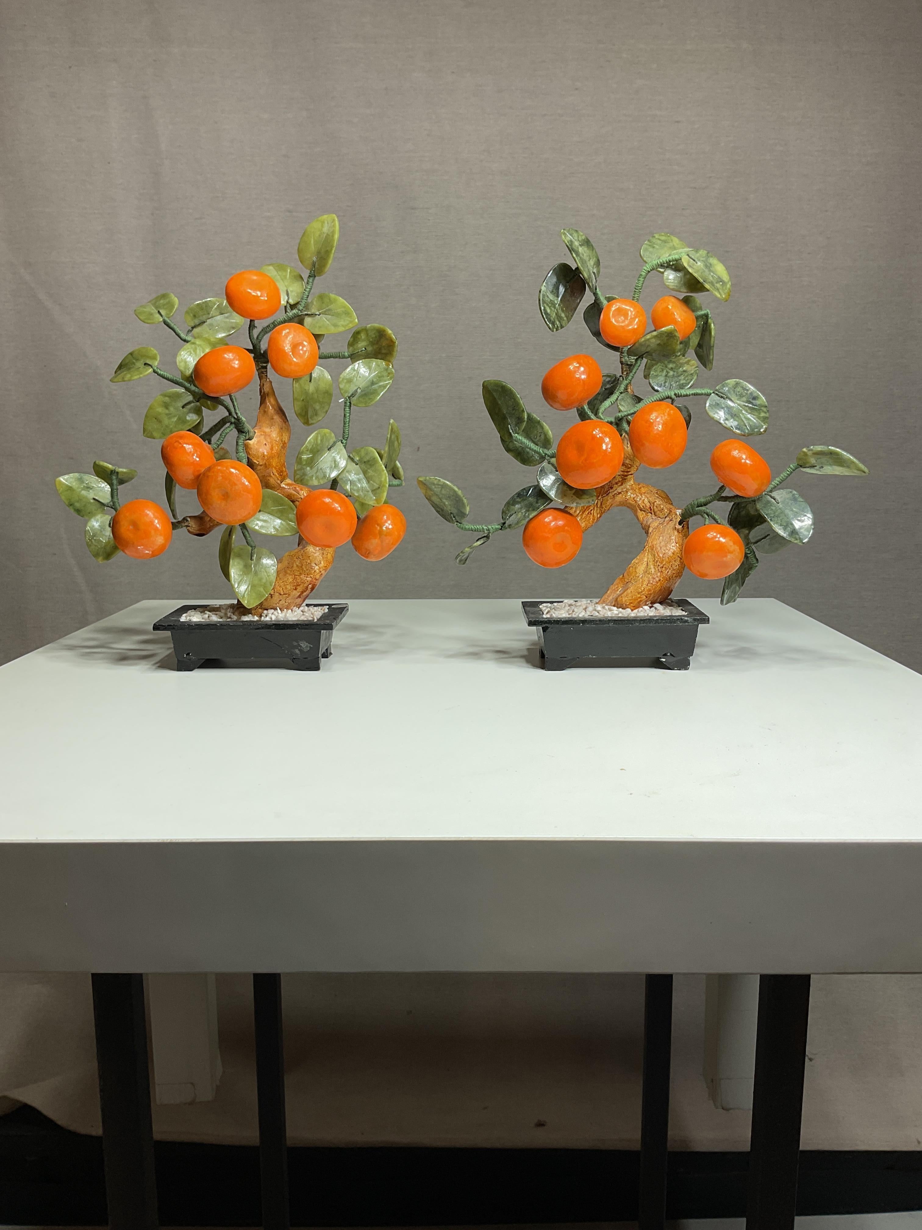 Hand-Carved Pair of Vintage Chinese Bonsai Trees with Jade Leaves and Mandarin Fruit For Sale