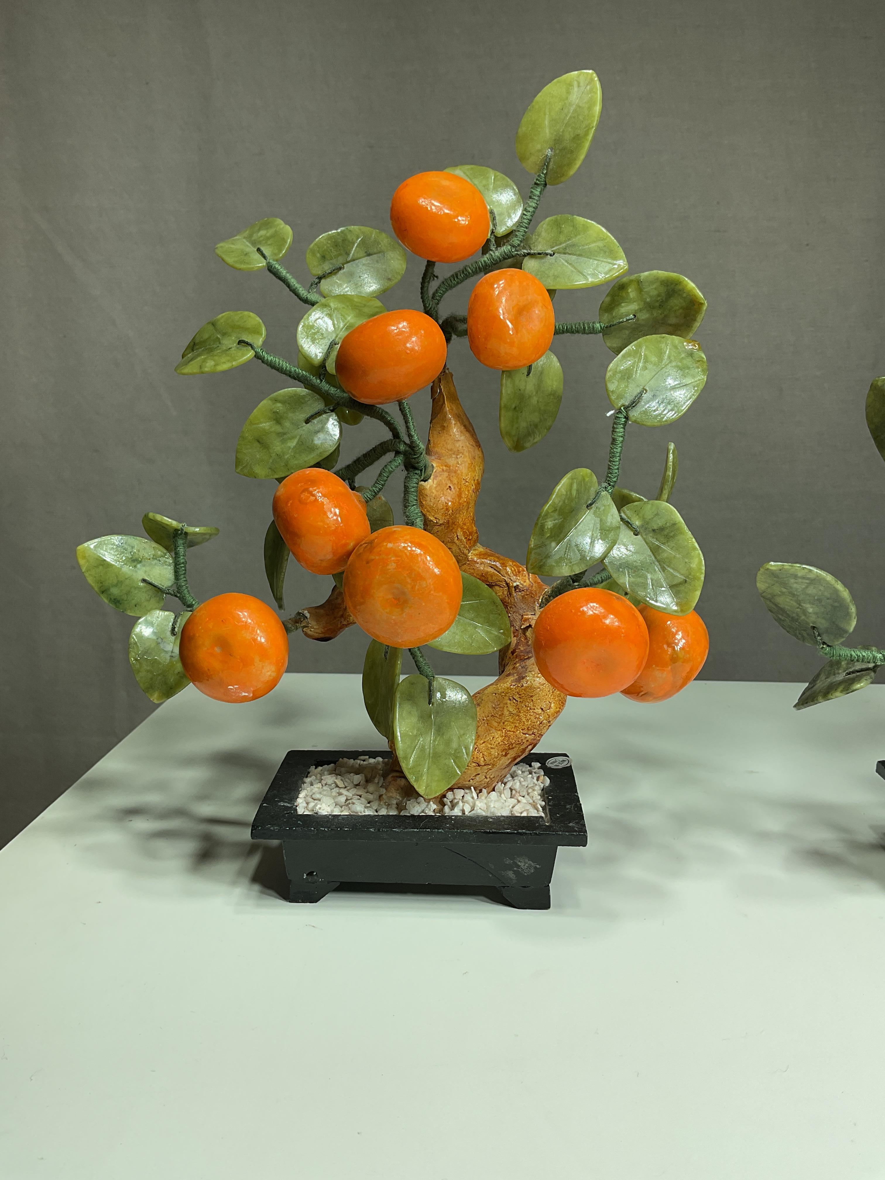Pair of Vintage Chinese Bonsai Trees with Jade Leaves and Mandarin Fruit In Good Condition For Sale In Augusta, GA