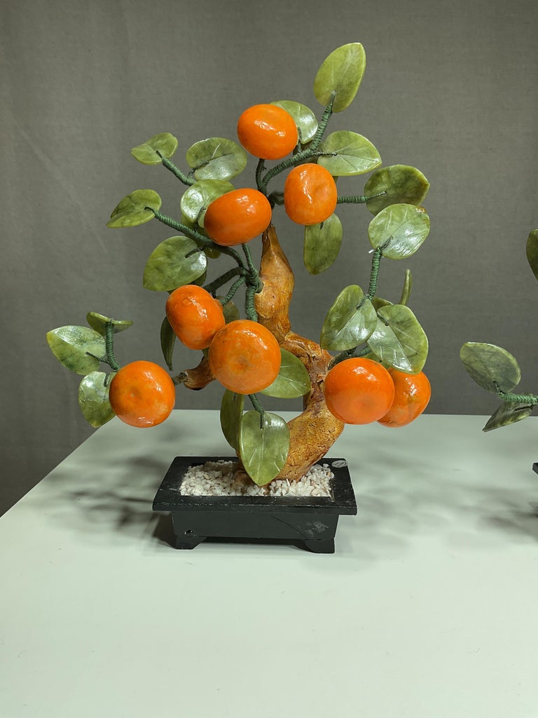 Pair of Vintage Chinese Bonsai Trees with Jade Leaves and Mandarin Fruit  For Sale at 1stDibs