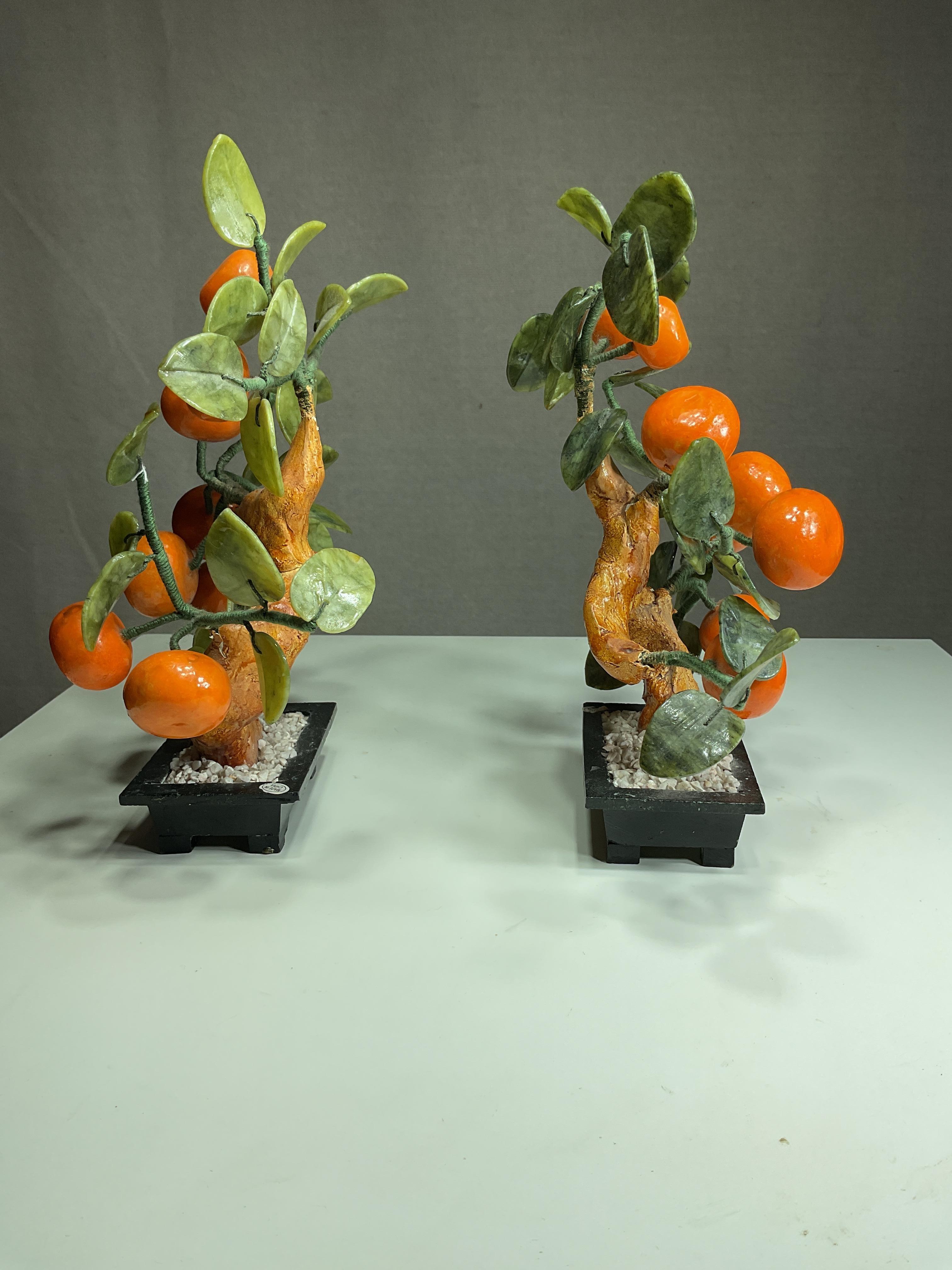 Pair of Vintage Chinese Bonsai Trees with Jade Leaves and Mandarin Fruit For Sale 3