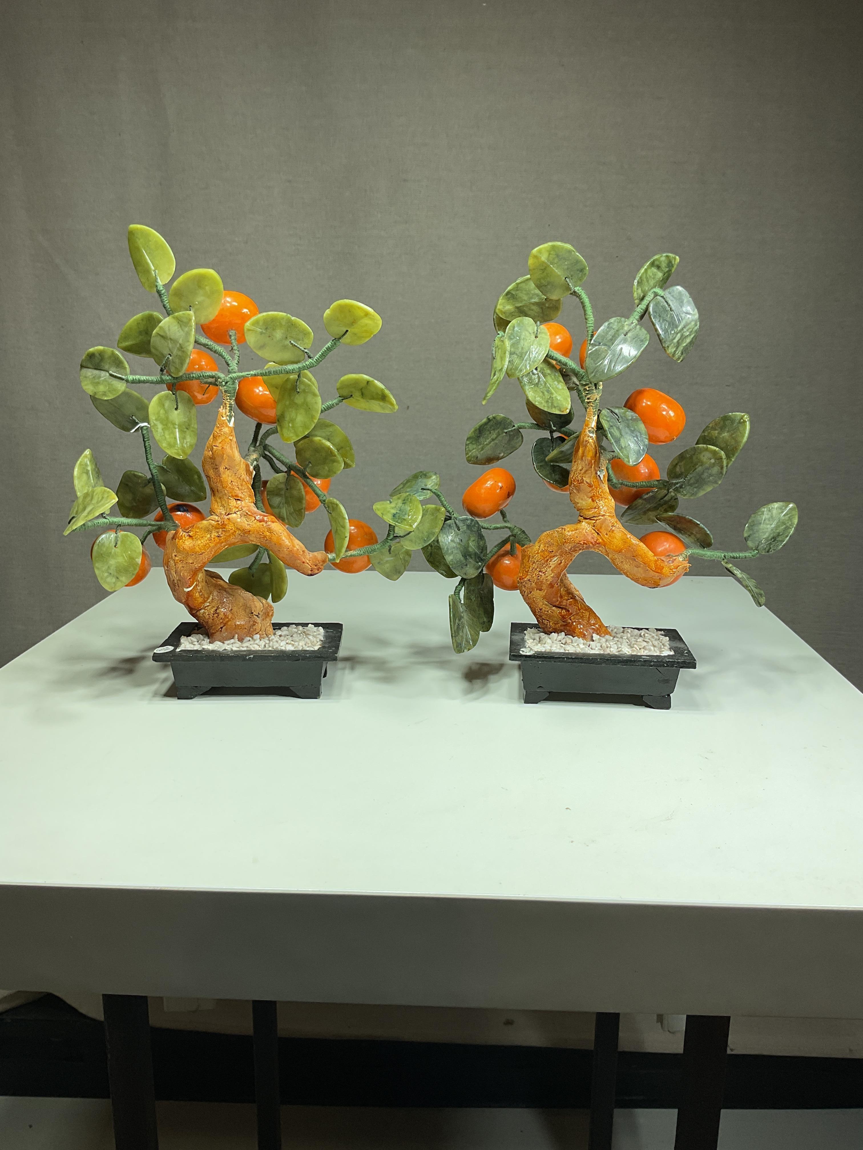 Pair of Vintage Chinese Bonsai Trees with Jade Leaves and Mandarin Fruit For Sale 4