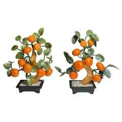 Pareja de Bonsáis Chinos Vintage con Hojas de Jade y Frutos de Mandarina
