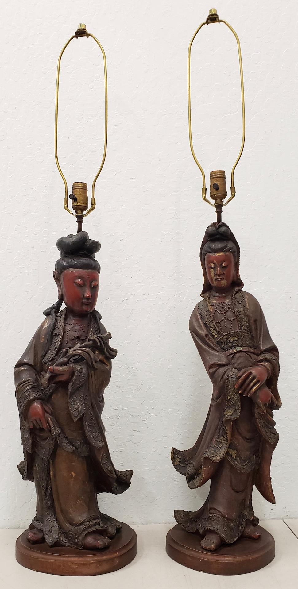 Pair of vintage Chinese carved and polychrome table lamps, circa 1930s

Fantastic pair of vintage table lamps. Carved wood with ample remains of original paint.

The lamps have areas of distress, but they show beautifully and the condition adds