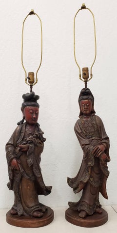 Pair of Vintage Chinese Carved and Polychrome Table Lamps, circa 1930s