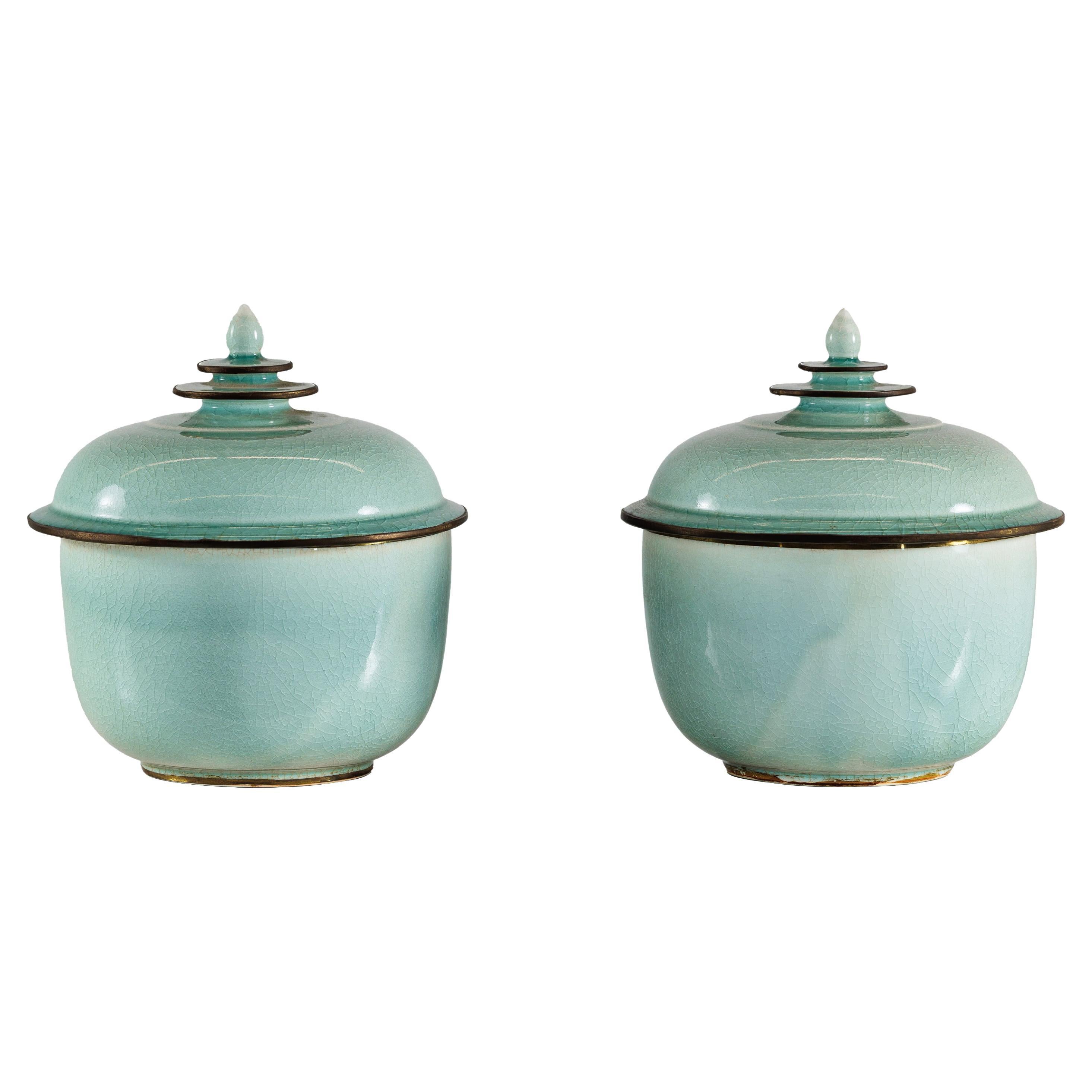 Pair of Vintage Chinese Celadon Lidded Jars with Crackle Glaze and Tiered Finial