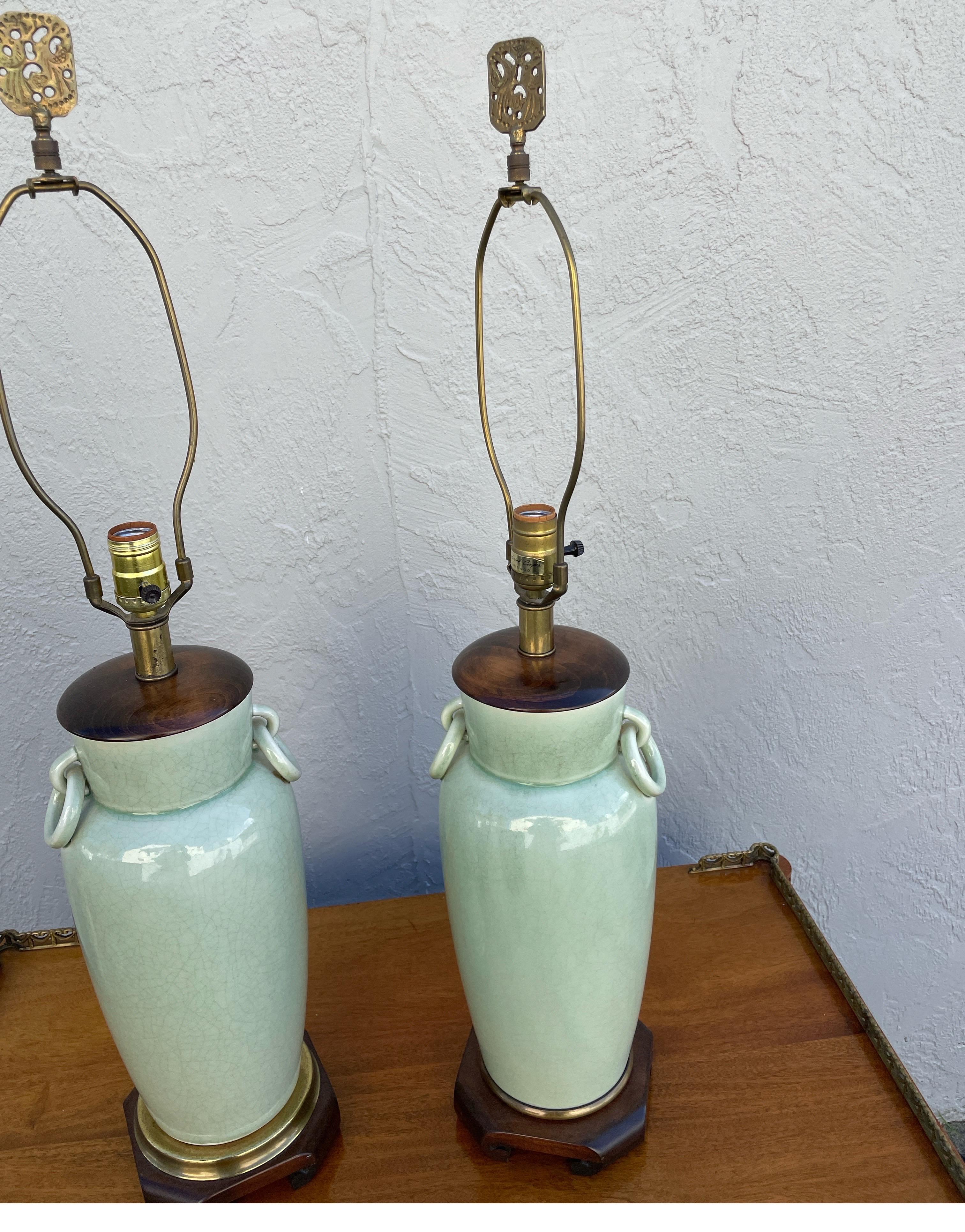 Pair of Vintage Chinese Celadon Table Lamps In Good Condition For Sale In West Palm Beach, FL