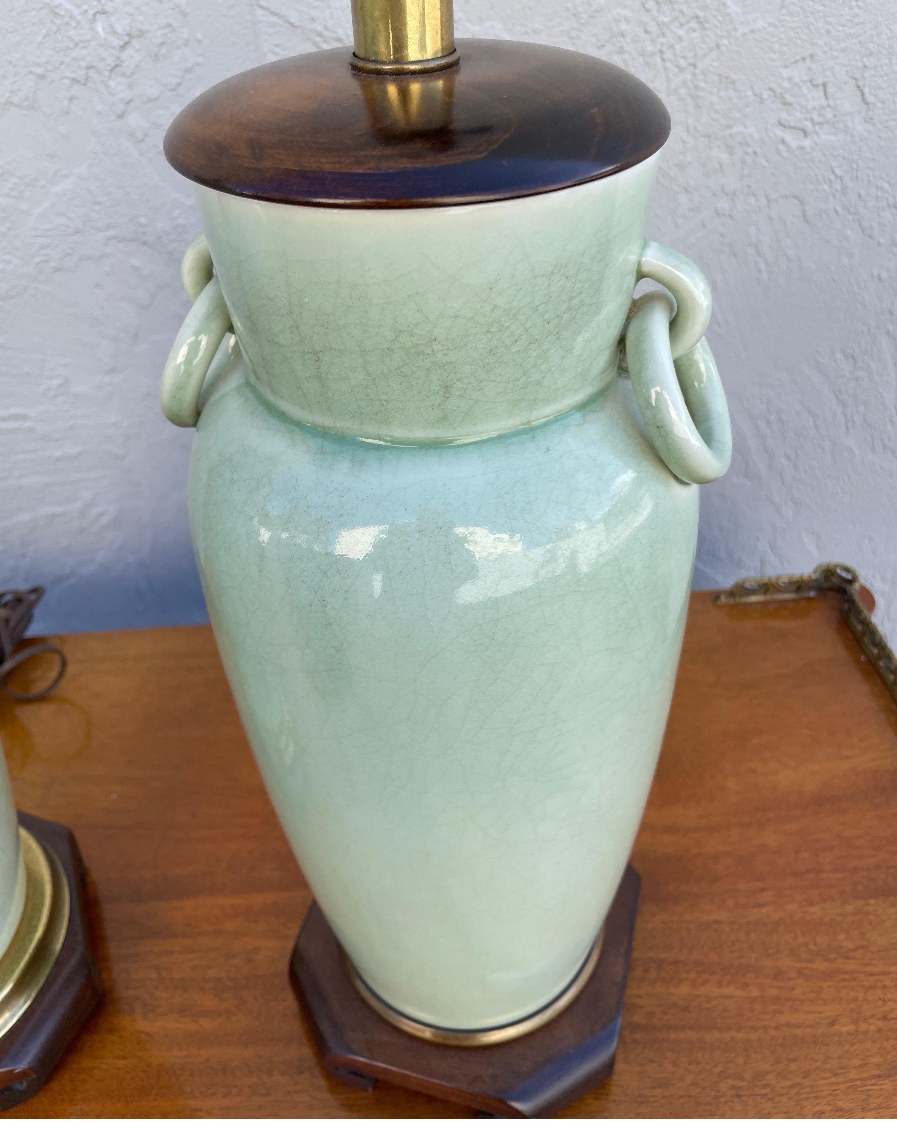 Porcelain Pair of Vintage Chinese Celadon Table Lamps For Sale