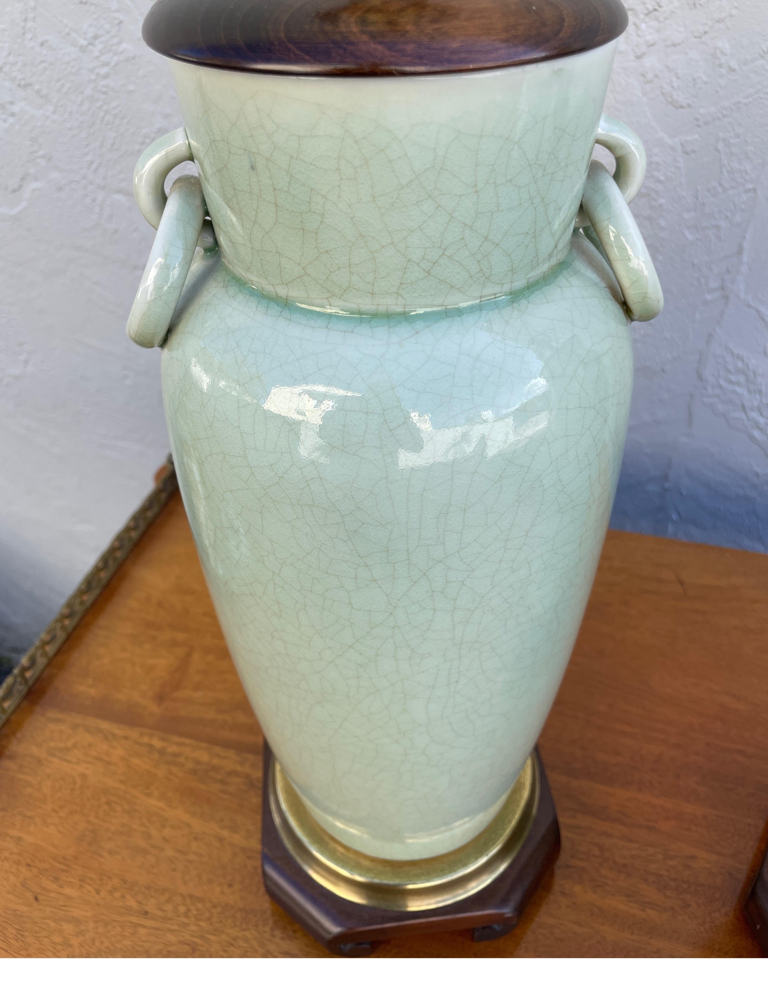 Pair of Vintage Chinese Celadon Table Lamps For Sale 1