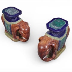 Pair of Vintage Chinese Ceramic Elephant Pedestals, Hong Kong