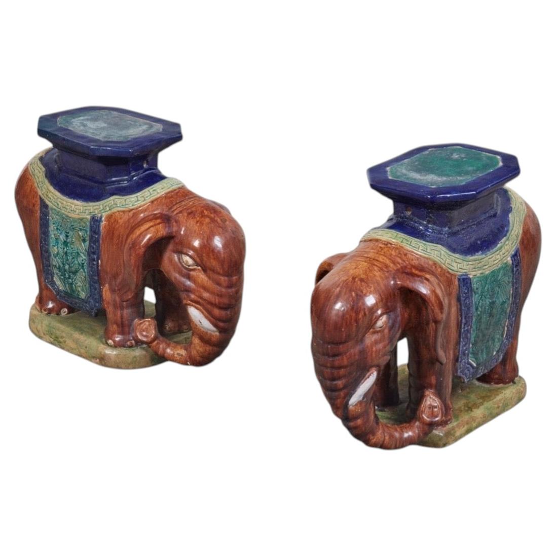 Pair of Vintage Chinese Ceramic Elephant Pedestals, Hong Kong