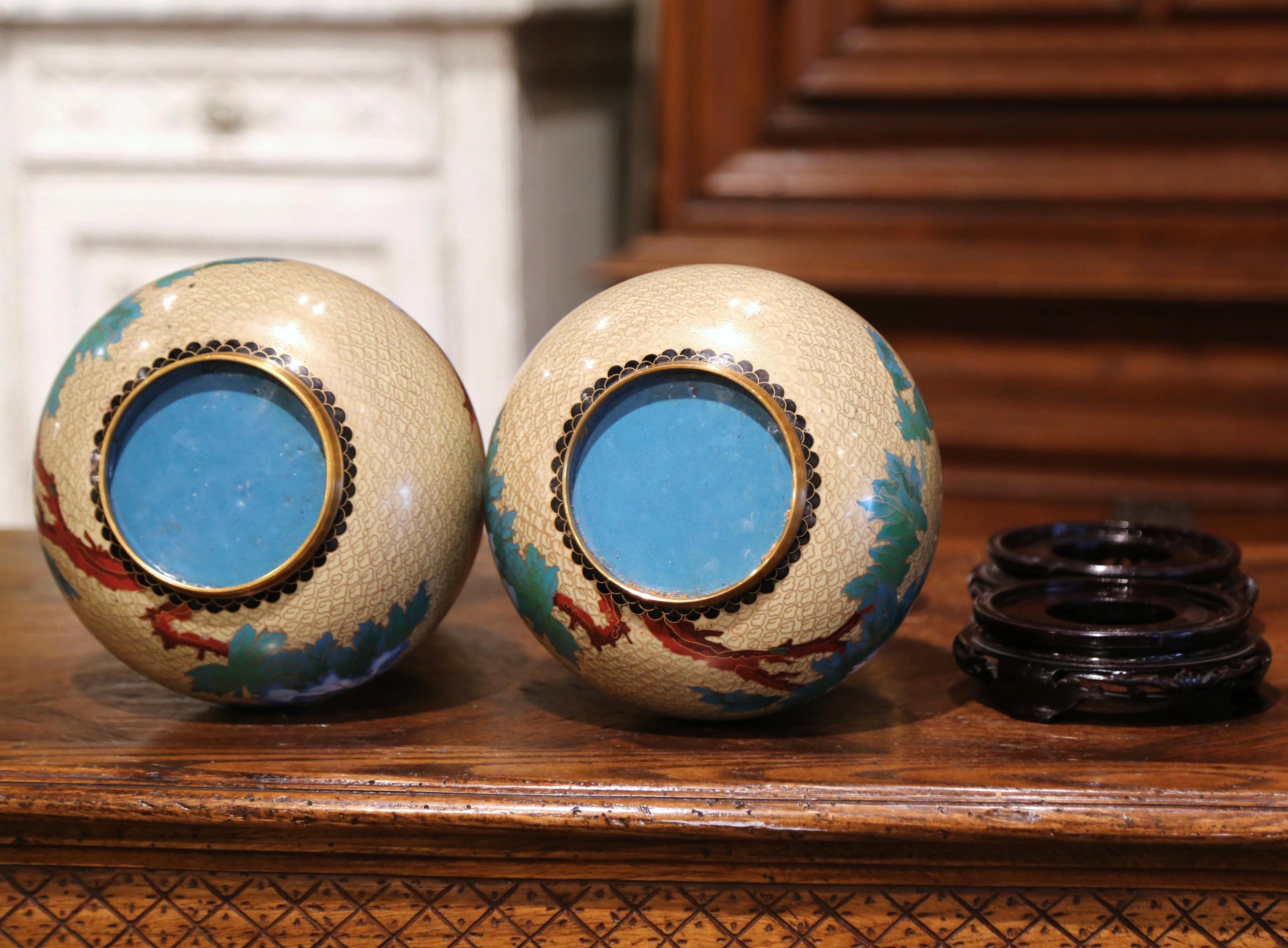 Pair of Vintage Chinese Champlevé Enamel Vases on Stand with Butterfly Motifs 3