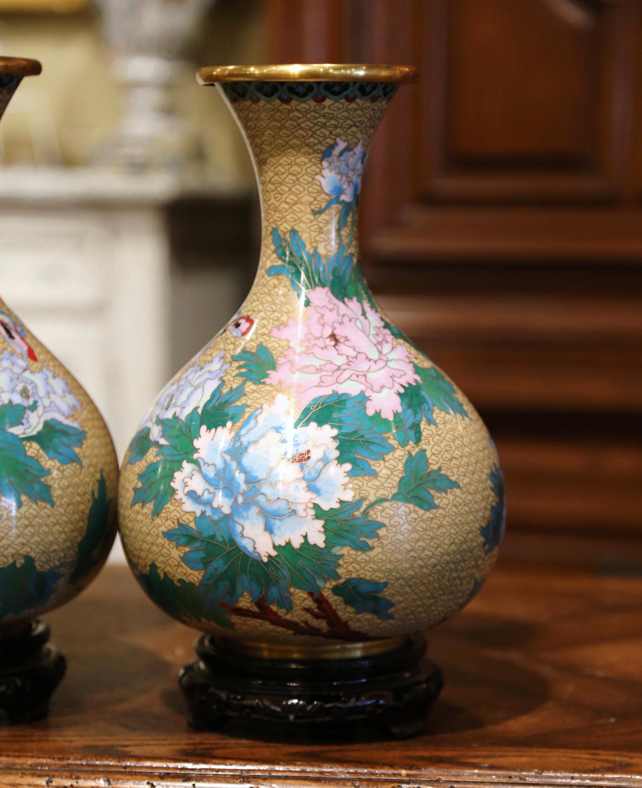 Cloissoné Pair of Vintage Chinese Champlevé Enamel Vases on Stand with Butterfly Motifs