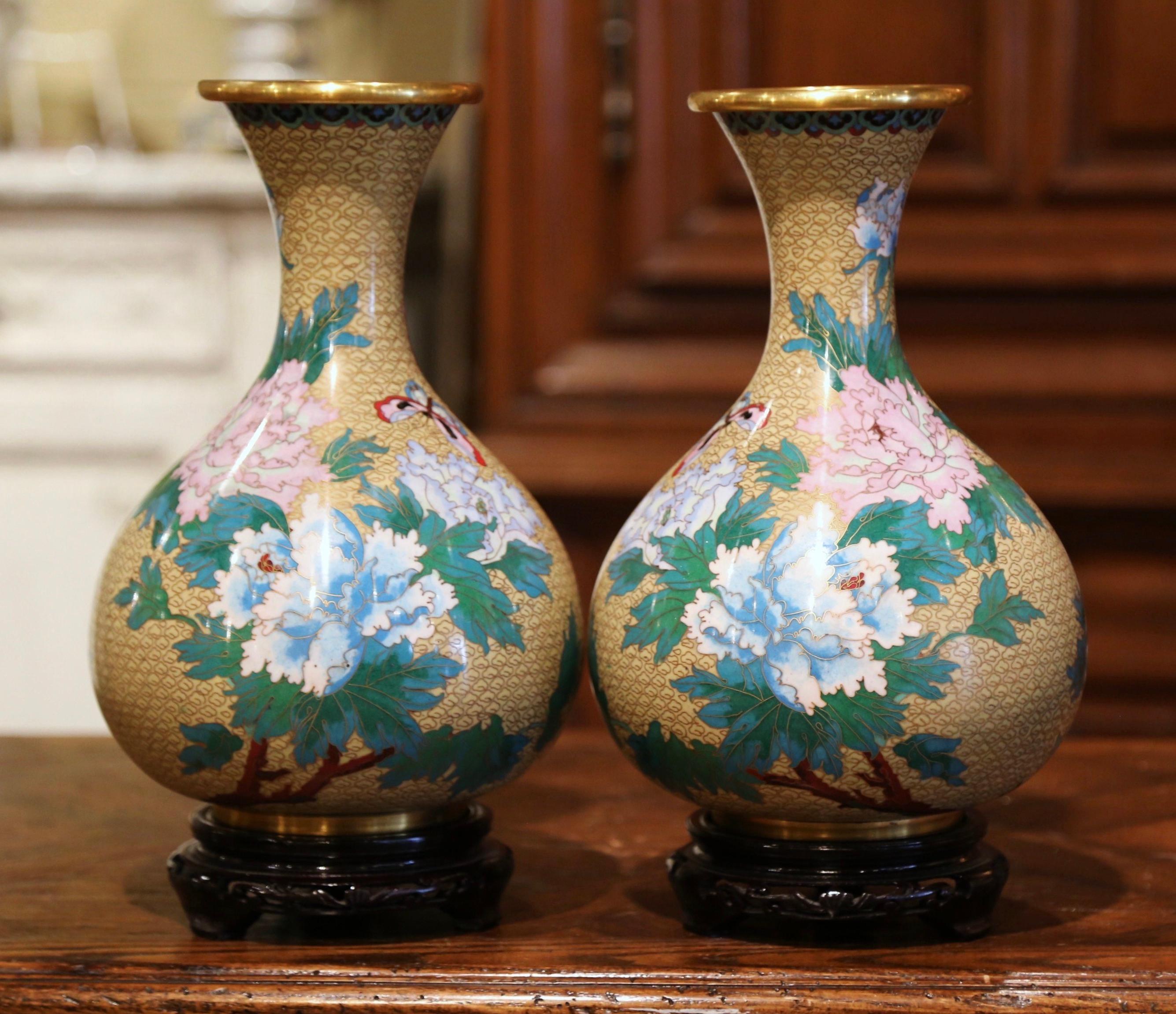 Pair of Vintage Chinese Champlevé Enamel Vases on Stand with Butterfly Motifs In Excellent Condition In Dallas, TX
