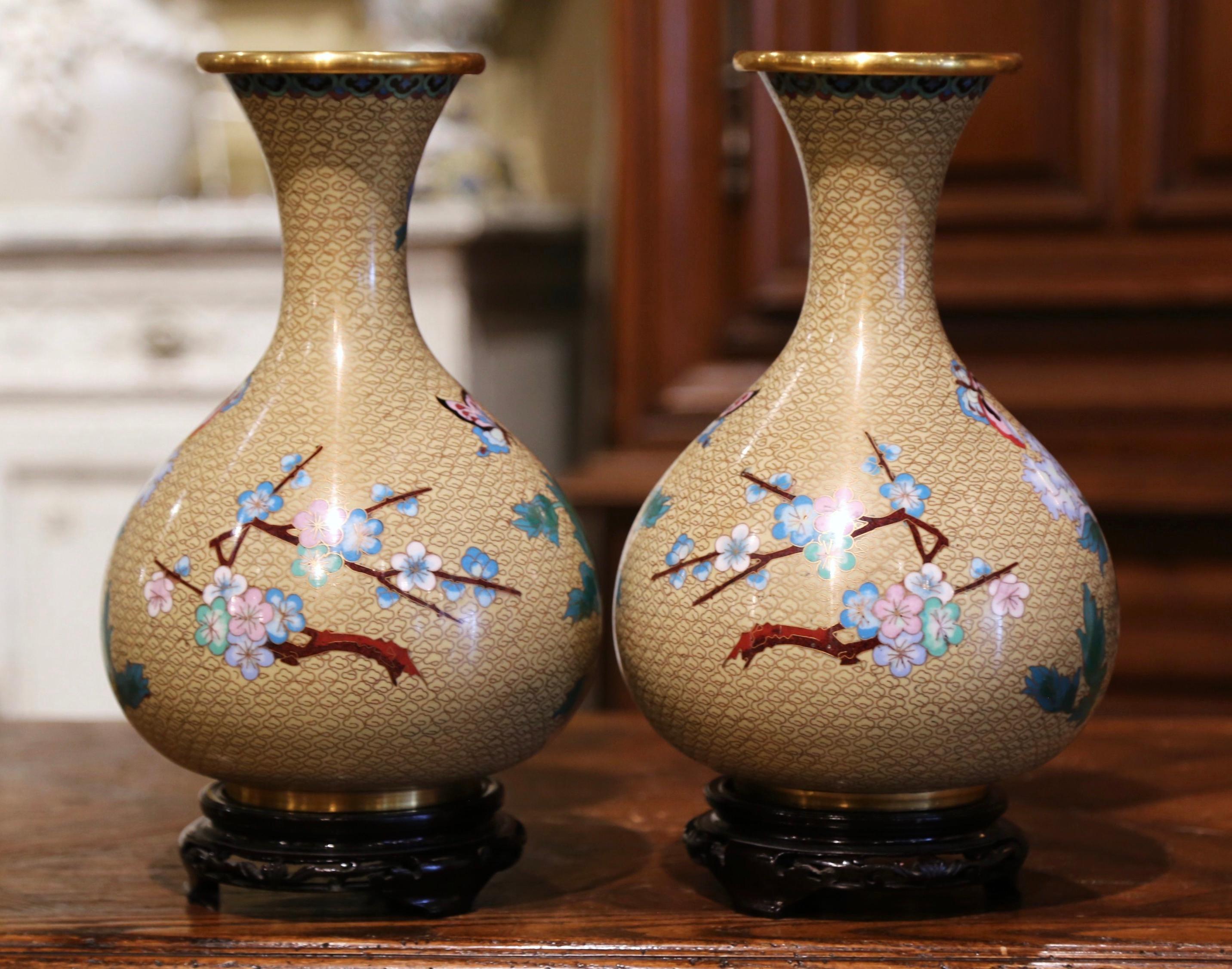 20th Century Pair of Vintage Chinese Champlevé Enamel Vases on Stand with Butterfly Motifs