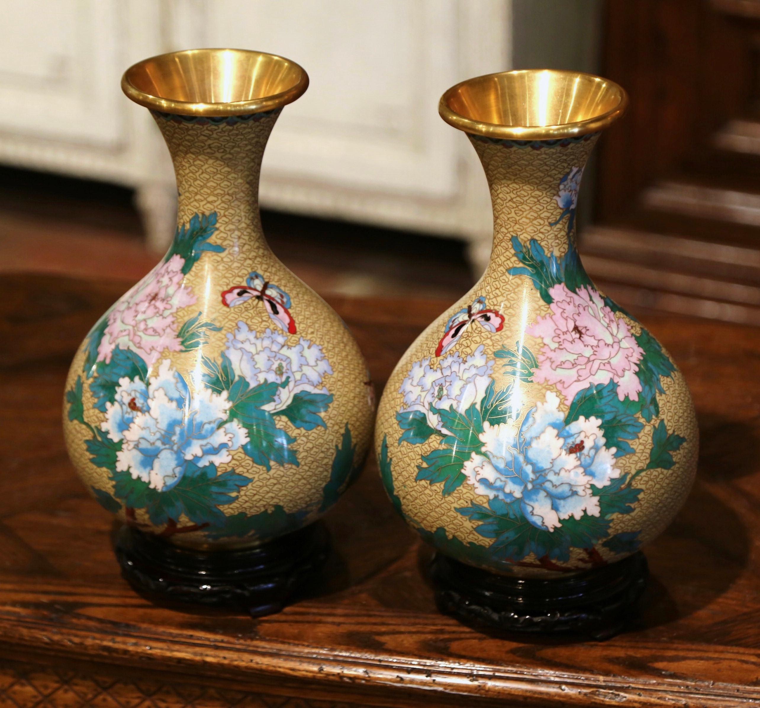 Brass Pair of Vintage Chinese Champlevé Enamel Vases on Stand with Butterfly Motifs