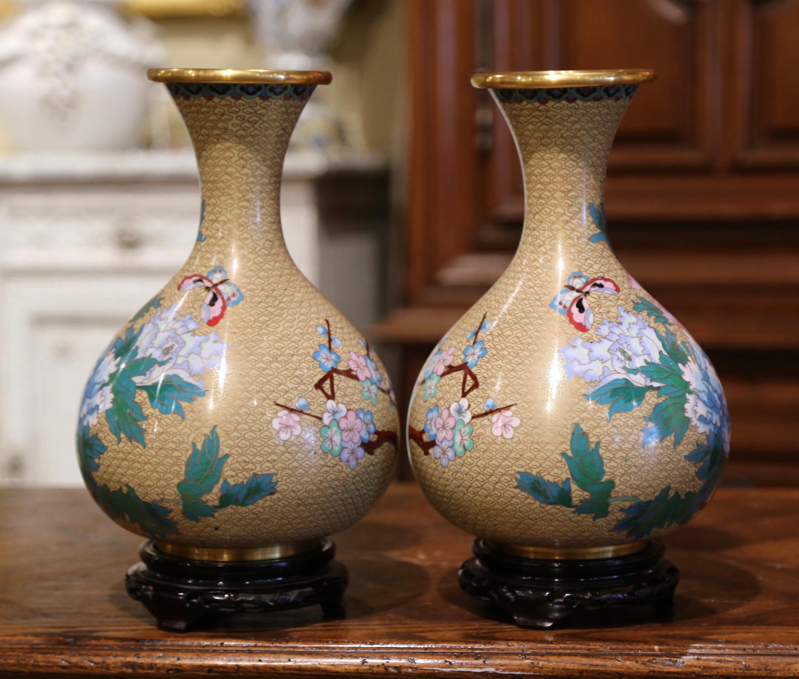 Pair of Vintage Chinese Champlevé Enamel Vases on Stand with Butterfly Motifs 2