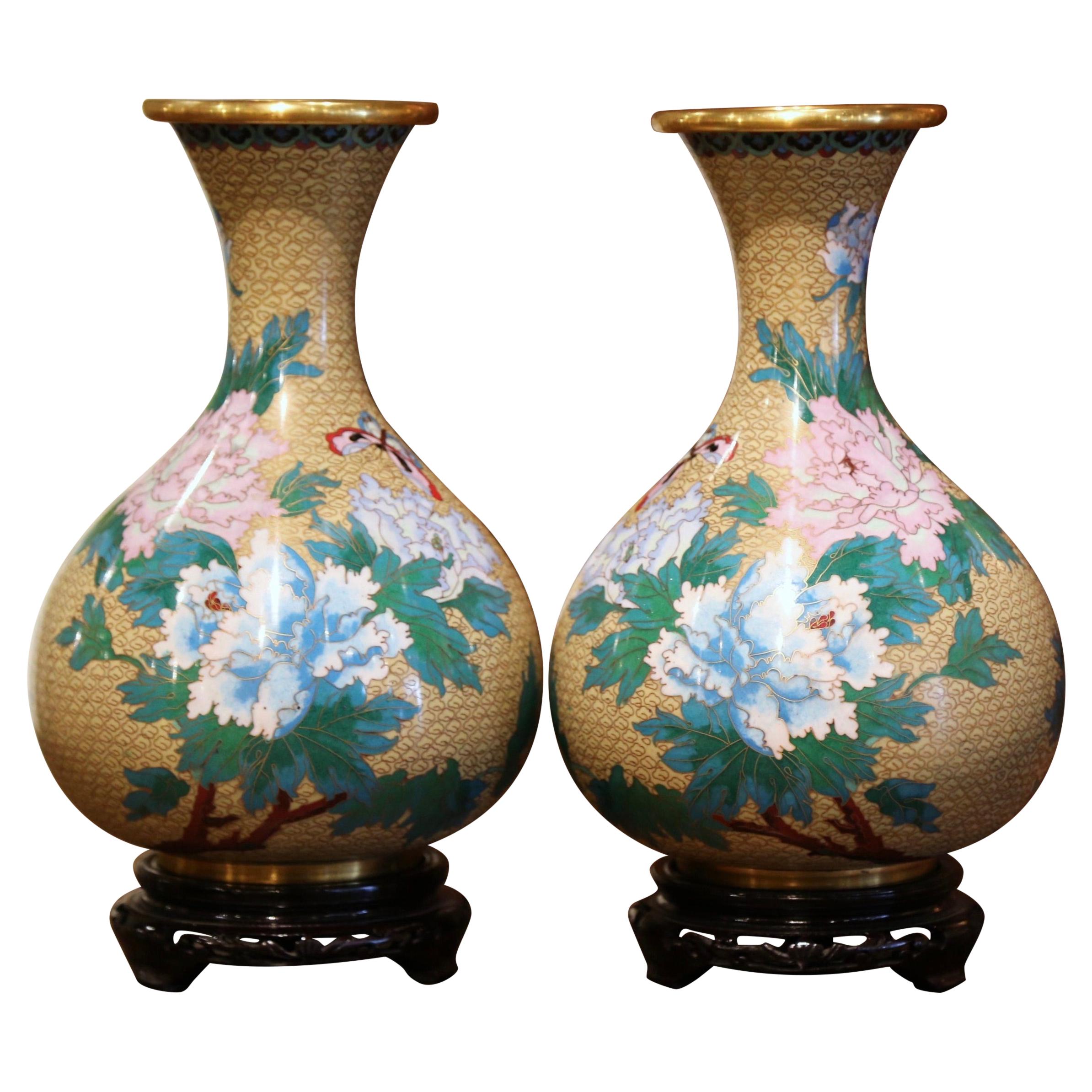 Pair of Vintage Chinese Champlevé Enamel Vases on Stand with Butterfly Motifs