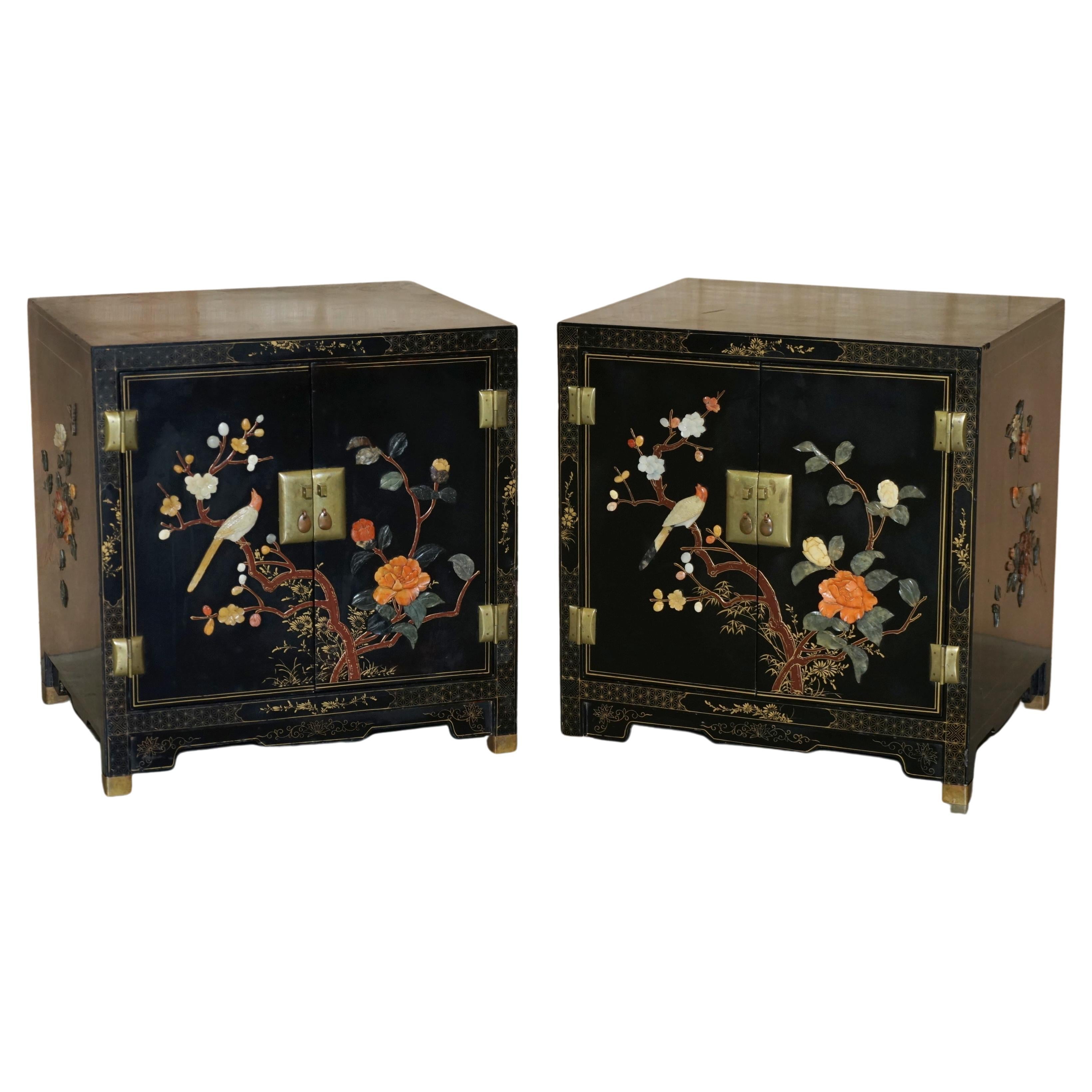 Pair of Vintage Chinese Chinoiserie Soapstone Side Cabinets Bedside Tables