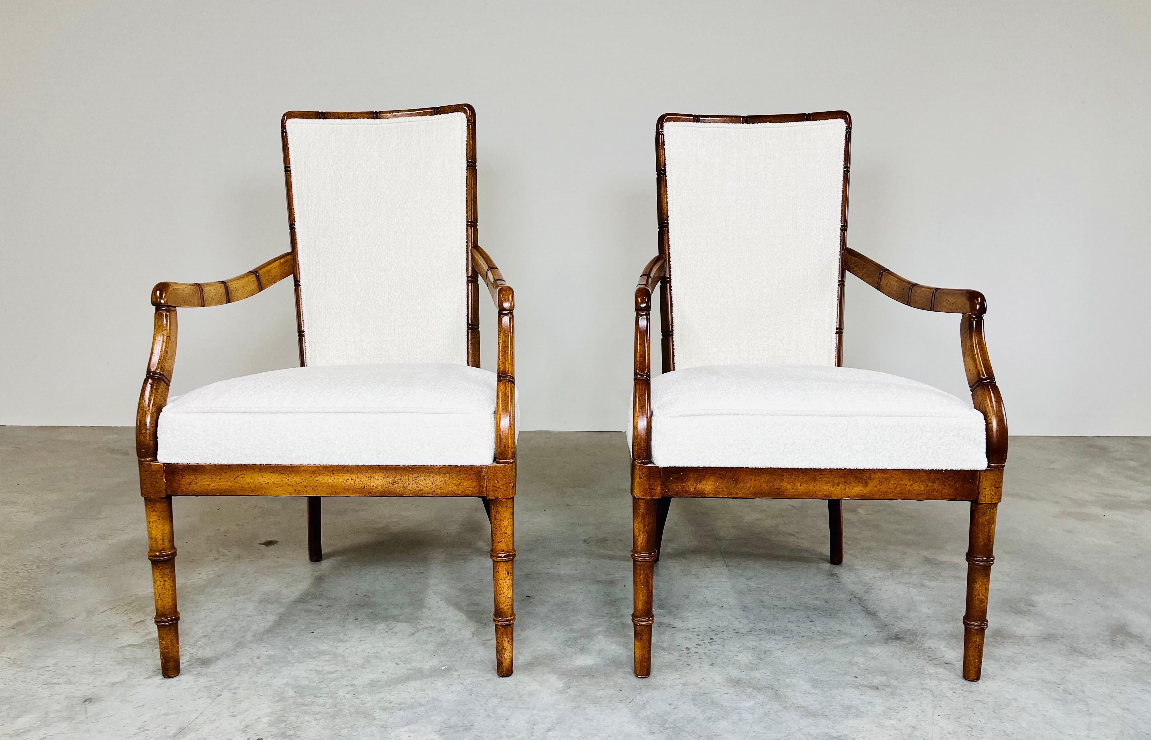 American Pair of Vintage Chinese Chippendale Faux Bamboo Armchairs with New Supple Fabric