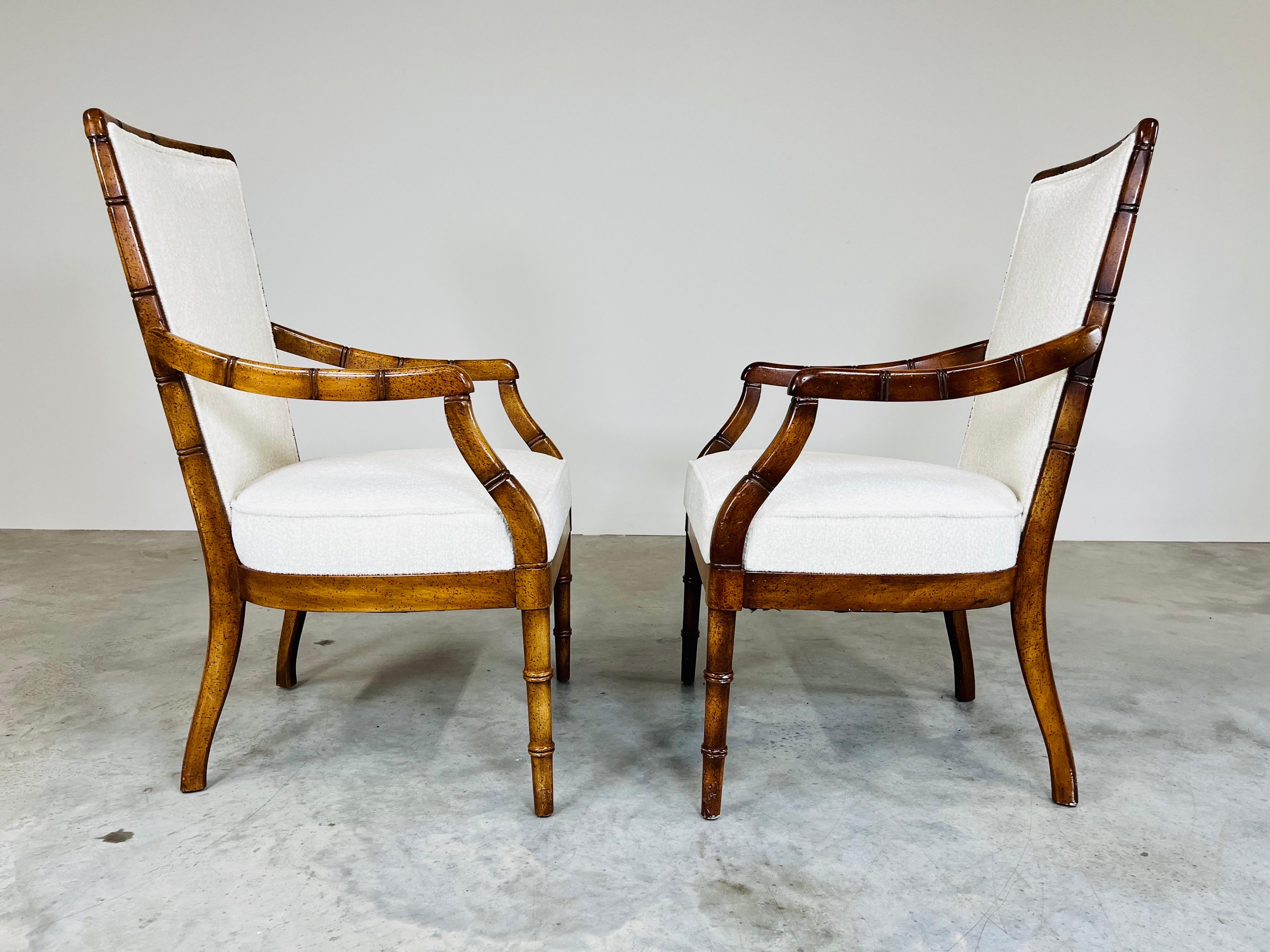 Spun Pair of Vintage Chinese Chippendale Faux Bamboo Armchairs with New Supple Fabric