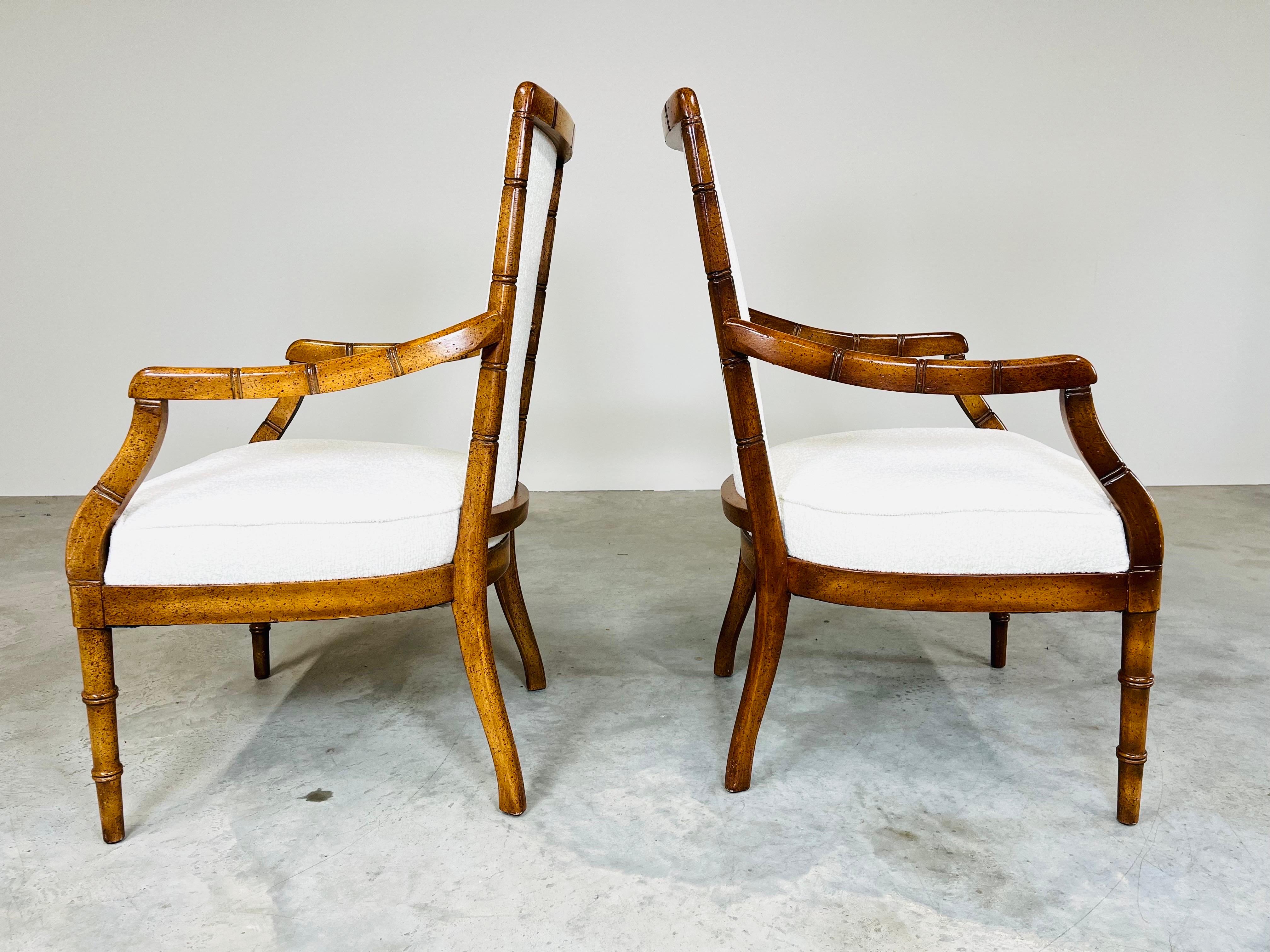 20th Century Pair of Vintage Chinese Chippendale Faux Bamboo Armchairs with New Supple Fabric