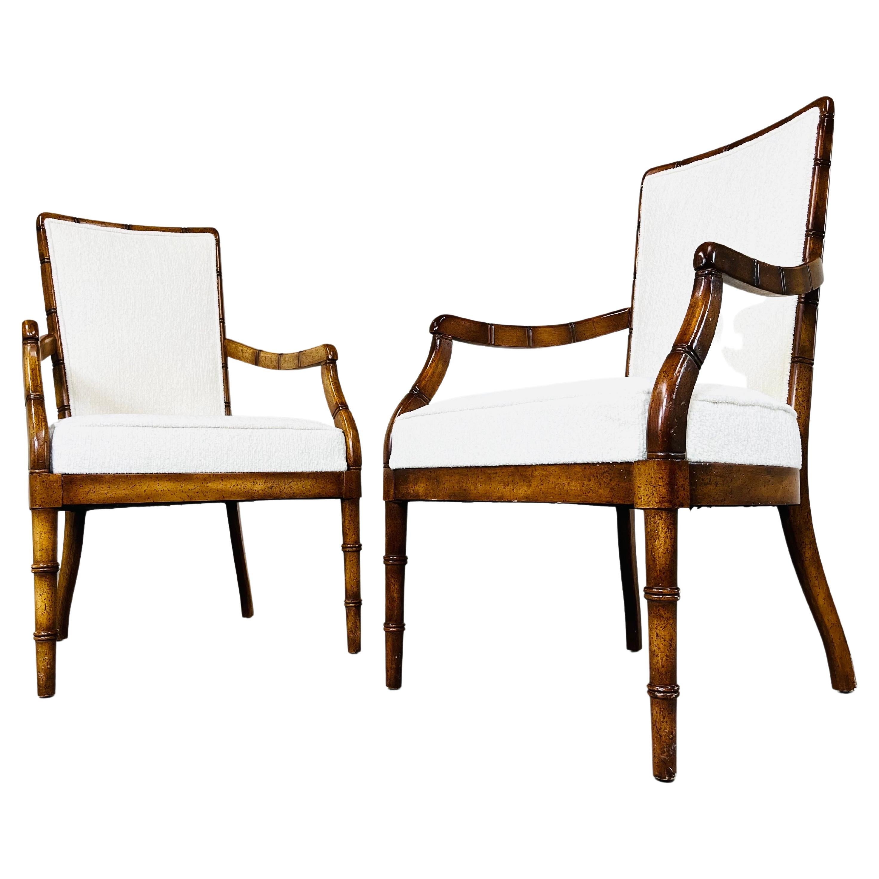 Pair of Vintage Chinese Chippendale Faux Bamboo Armchairs with New Supple Fabric