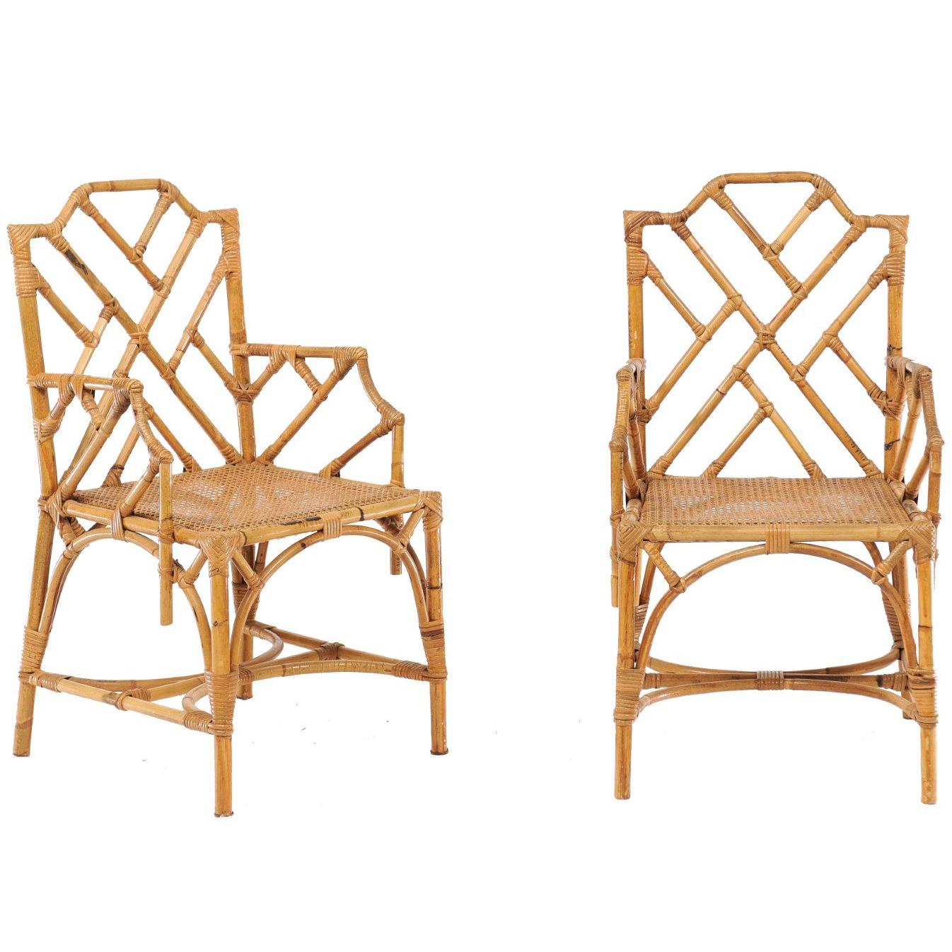 Pair of Vintage Chinese Chippendale Rattan Chairs from the Mid-20th Century