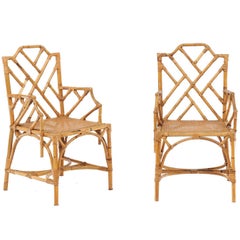Pair of Vintage Chinese Chippendale Rattan Chairs from the Mid-20th Century